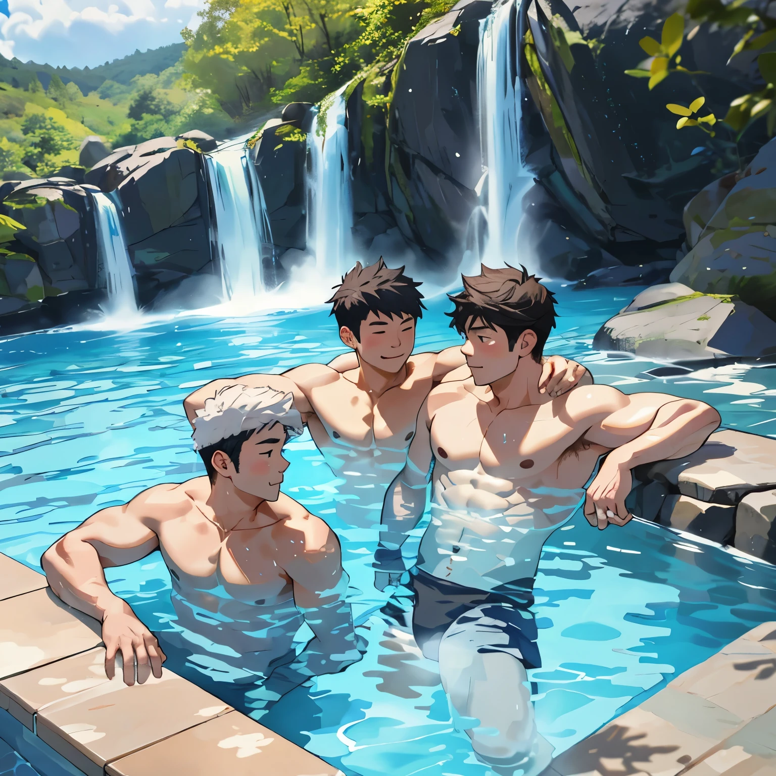 Anime guys in a pool with a waterfall in the background - SeaArt AI