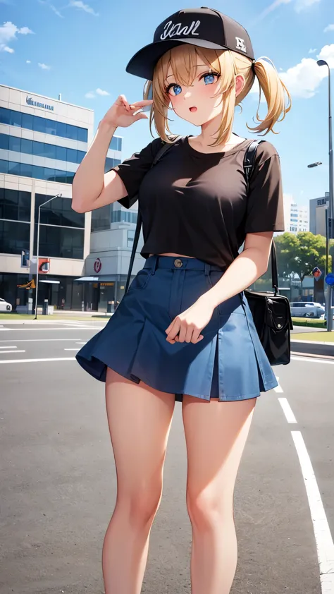 girl, short twintail hair, blonde hair, blue eyes, cute girl, hot girl, t-shirt, black mini skirt, jordan shoes, city