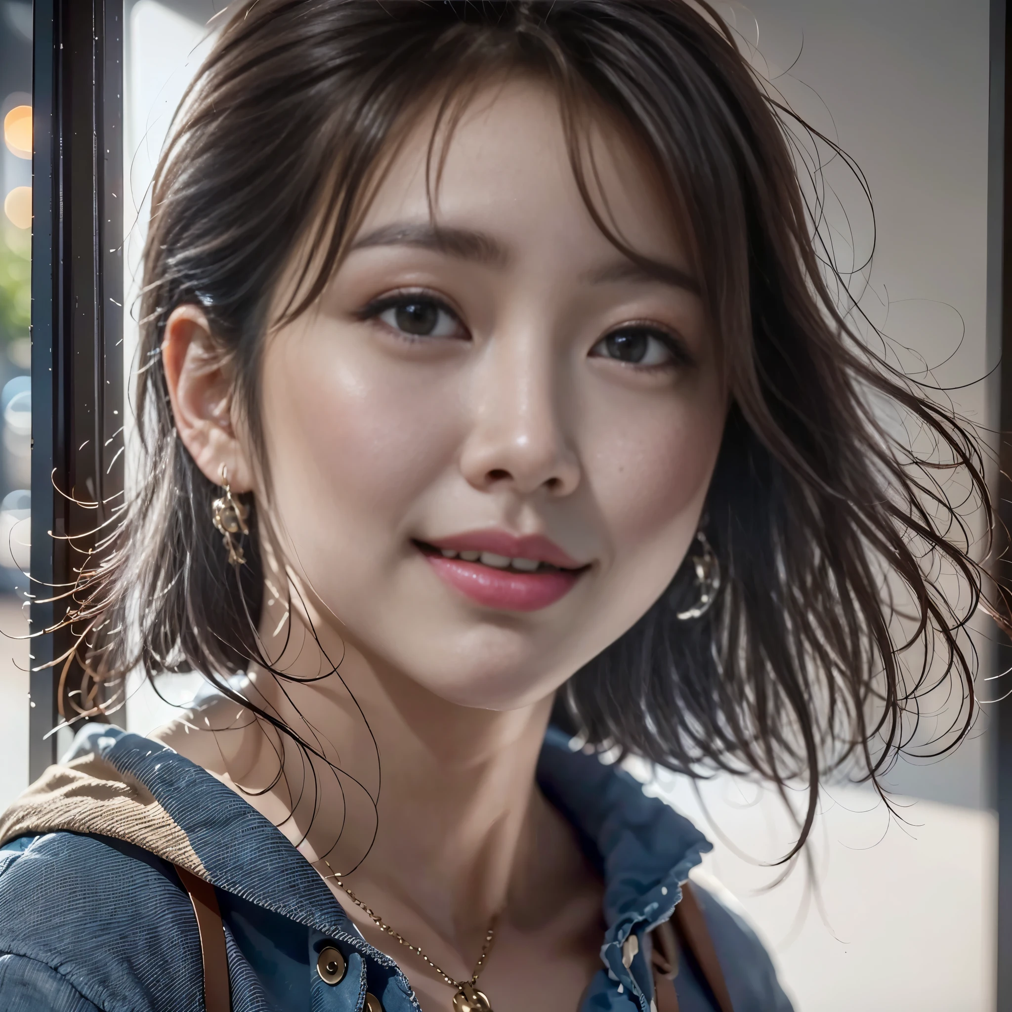(realistic、Like a photograph、live action、8K, Photoreal, RAW photo, best image quality: 1.4), street photo、RAW photo, highest quality, realistic, Highly detailed CG Unity 8K wallpaper, Depth of written boundary, cinematic light, Lens flare, ray tracing, (very beautiful face, beautiful lips, beautiful eyes), (denim shorts:1.3、abs:1.2)、(big breasts、emphasize the chest:1.1)、face with intricate details, ((super dense skin))、 1 girl,cute japanese girl、japanese idol、(looking at the viewer)、((full body shot:1.1))、random hairstyle:1.2、cleavage:1.2、i like the style、Snazzy、super detail face、pay attention to details、short bob hair、sneakers、earrings、necklace、Highly detailed and professional illuminated smile、perfect costume、(white skin)、(I can see the whole body)