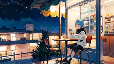 A boy with short light blue hair，Light blue gradient eyes，Casual and simple shorts，Cafe，White tables and chairs，sit on the chair...