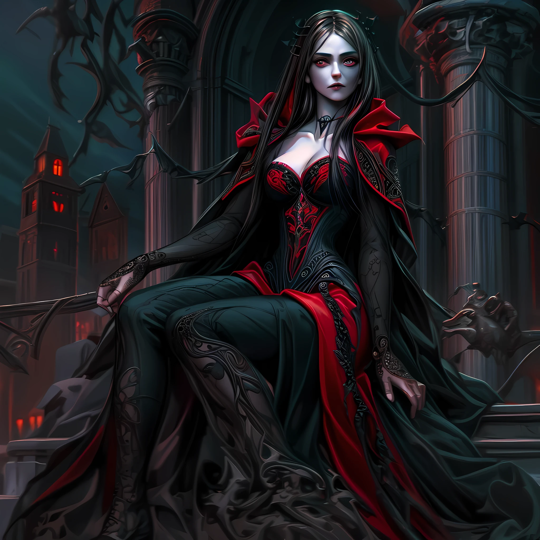 arafed, dark fantasy art, gothic art, (masterpiece:1.5), full body best details, highly detailed, best quality, highres, NeroV2, full body portrait of a vampire, elf (Masterpiece, best quality, ultra feminine: 1.5)  with a long curvy hair, dark color hair, red eyes (fantasy art, Masterpiece, best quality: 1.3), ((beautiful delicate face)), Ultra Detailed Face (intricate details, fantasy art, Masterpiece, best quality: 1.5), [visible vampiric fangs] (intricate details, fantasy art, Masterpiece, best quality: 1.5), [anatomically correct] red cloak, flowing cloak (intense details, fantasy art, Masterpiece, best quality: 1.3), wearing an intricate leather [white] dress (intricate details, gothic art, Masterpiece, best quality: 1.5), high heeled boots, blood dripping on lips, urban background (intense details, beat details), fantasy, at night light, natural ,moon light, soft moon light, moon rays, clouds, gothic atmosphere, gothic street background, bats flying in background, soft light, dynamic light, [[anatomically correct]], high details, best quality, 16k, [ultra detailed], masterpiece, best quality, (extremely detailed), dynamic angle, ultra wide shot, RAW, photorealistic