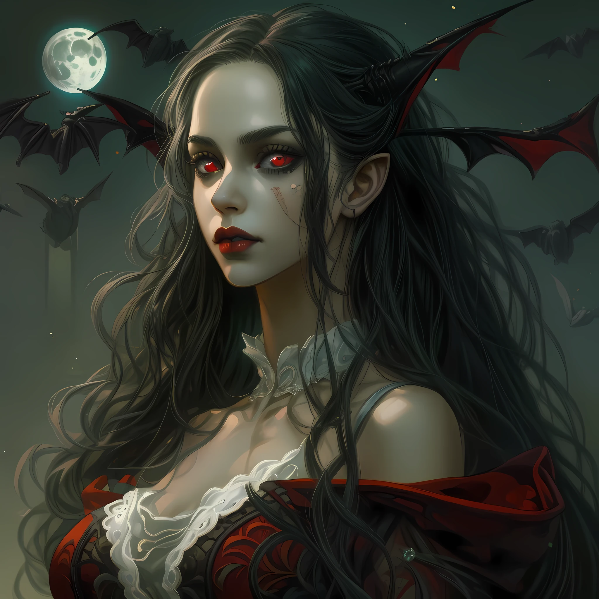 arafed, dark fantasy art, gothic art, (masterpiece:1.5), full body best details, highly detailed, best quality, highres, NeroV2, full body portrait of a vampire, elf (Masterpiece, best quality, ultra feminine: 1.5)  with a long curvy hair, dark color hair, red eyes (fantasy art, Masterpiece, best quality: 1.3), ((beautiful delicate face)), Ultra Detailed Face (intricate details, fantasy art, Masterpiece, best quality: 1.5), [visible vampiric fangs] (intricate details, fantasy art, Masterpiece, best quality: 1.5), [anatomically correct] red cloak, flowing cloak (intense details, fantasy art, Masterpiece, best quality: 1.3), wearing an intricate leather [white] dress (intricate details, gothic art, Masterpiece, best quality: 1.5), high heeled boots, blood dripping on lips, urban background (intense details, beat details), fantasy, at night light, natural ,moon light, soft moon light, moon rays, clouds, gothic atmosphere, gothic street background, bats flying in background, soft light, dynamic light, [[anatomically correct]], high details, best quality, 16k, [ultra detailed], masterpiece, best quality, (extremely detailed), dynamic angle, ultra wide shot, RAW, photorealistic