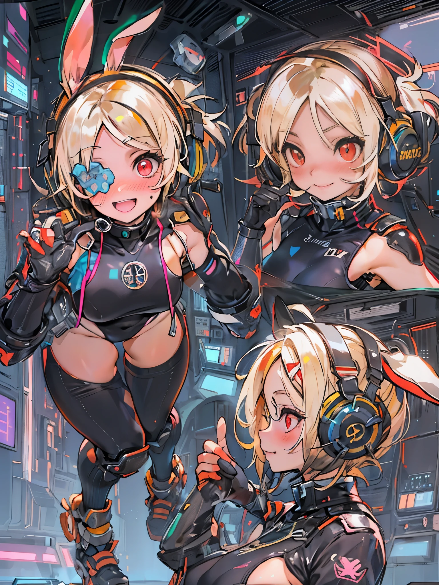 (highest quality), From above:1.2,1 person female, alone, Shining school swimsuit,double big round eyes,blonde, twin tails, red eyes, (black skin),blush,smile, (open chest:1.1),Cyberpunk world,dynamic composition,Big breasts,Socks above the knee,Muchimuchi,Psychedelic color scheme,iridescent sparkling background,rabbit ear headphones,turbo on the back,machine legs,rainbow colored screen,((complex machine cockpit)),profile,(Parker-like armor)