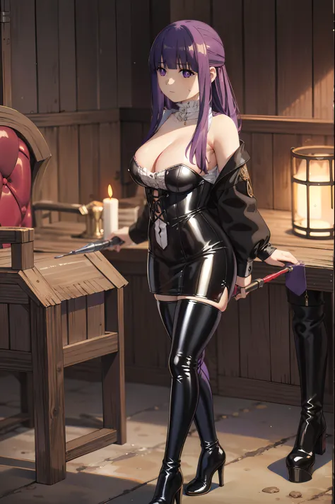 (highest quality, masterpiece),sexy, erotic, 1 girl, 18-year-old, despise, Pride, purple long hair, ((purple eyes)), looking at the viewer, medieval tabernacle, (close), ((dark room)), Sweat, the candle is lit, (((Expressionless))), ((cleavage)), Mr.々Insid...