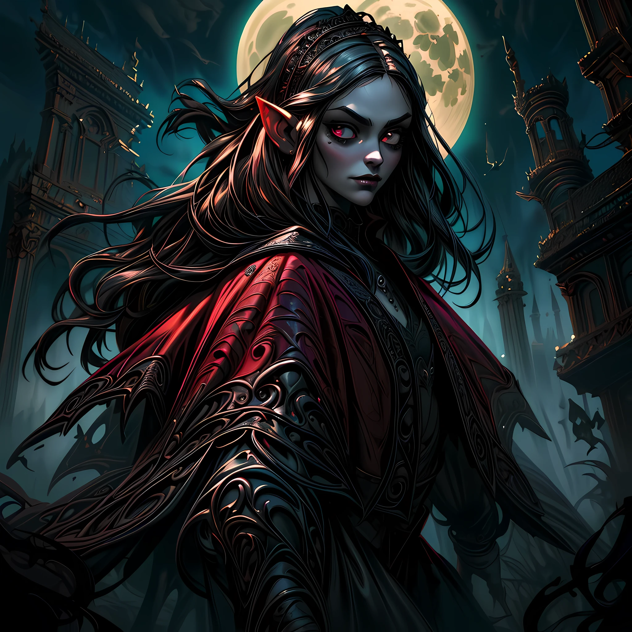 arafed, dark fantasy art, gothic art, (masterpiece:1.5), full body best details, highly detailed, best quality, highres, NeroV2, full body portrait of a vampire, elf (Masterpiece, best quality, ultra feminine: 1.5)  with a long curvy hair, dark color hair, red eyes (fantasy art, Masterpiece, best quality: 1.3), ((beautiful delicate face)), Ultra Detailed Face (intricate details, fantasy art, Masterpiece, best quality: 1.5), [visible vampiric fangs] (intricate details, fantasy art, Masterpiece, best quality: 1.5), [anatomically correct] red cloak, flowing cloak (intense details, fantasy art, Masterpiece, best quality: 1.3), wearing an intricate leather [white] dress (intricate details, gothic art, Masterpiece, best quality: 1.5), high heeled boots, blood dripping on lips, urban background (intense details, beat details), fantasy, at night light, natural ,moon light, soft moon light, moon rays, clouds, gothic atmosphere, gothic street background, bats flying in background, soft light, dynamic light, [[anatomically correct]], high details, best quality, 16k, [ultra detailed], masterpiece, best quality, (extremely detailed), dynamic angle, ultra wide shot, RAW, photorealistic