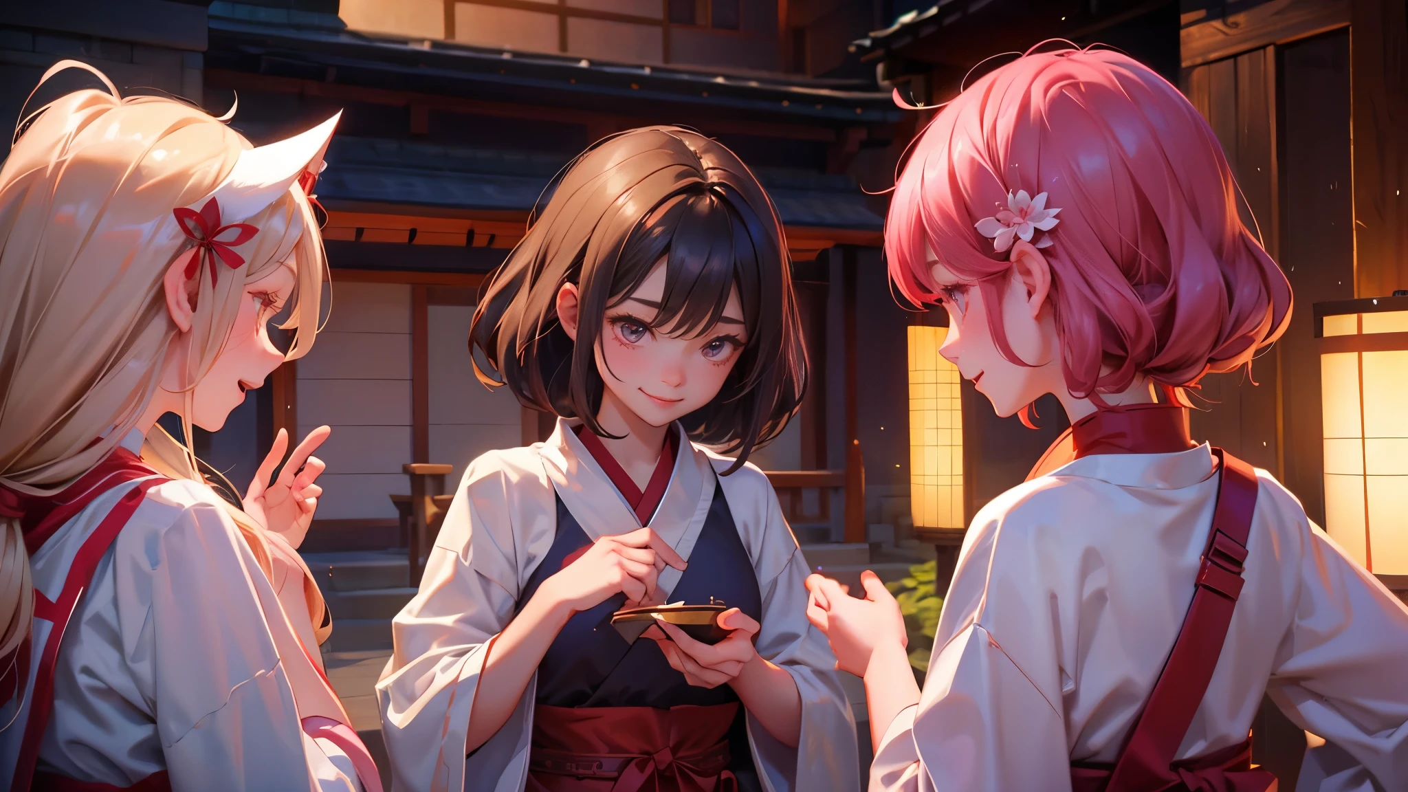 Tres chicas anime están paradas en un patio mirando sus teléfonos celulares  - SeaArt AI