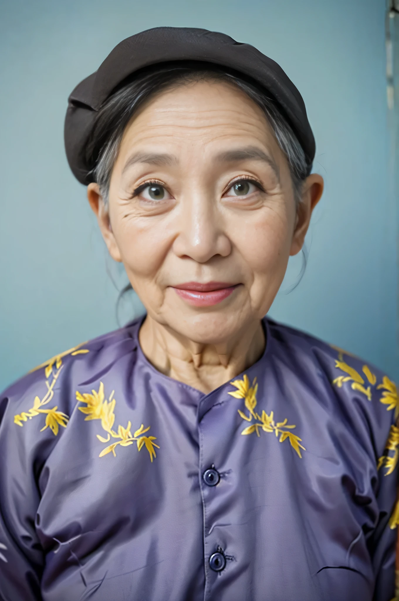 Highly realistic photo, ((masterpiece), (best quality), (raw photo), (photorealistic:1.4), Portrait of Vietnamese old woman, (80 years old), ((gray hair)), brown Ba Ba shirt, dark brown head scarf ,((light blue background)) , photo taken by Sony A7IV