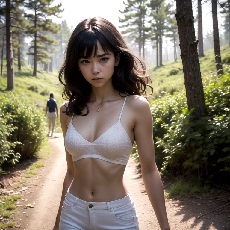 8k, best quality, masterpiece, highly detailed, semi realistic, a girl, a girl, 20 years old, looking at hands, long dark brown hair with bangs, curly hair, green eyes, black russian style cut clothes, white pants, bare shoulders, golden details, thin figure, cold expression, battle scenes, outdoors, forest background, with many trees and dark sky