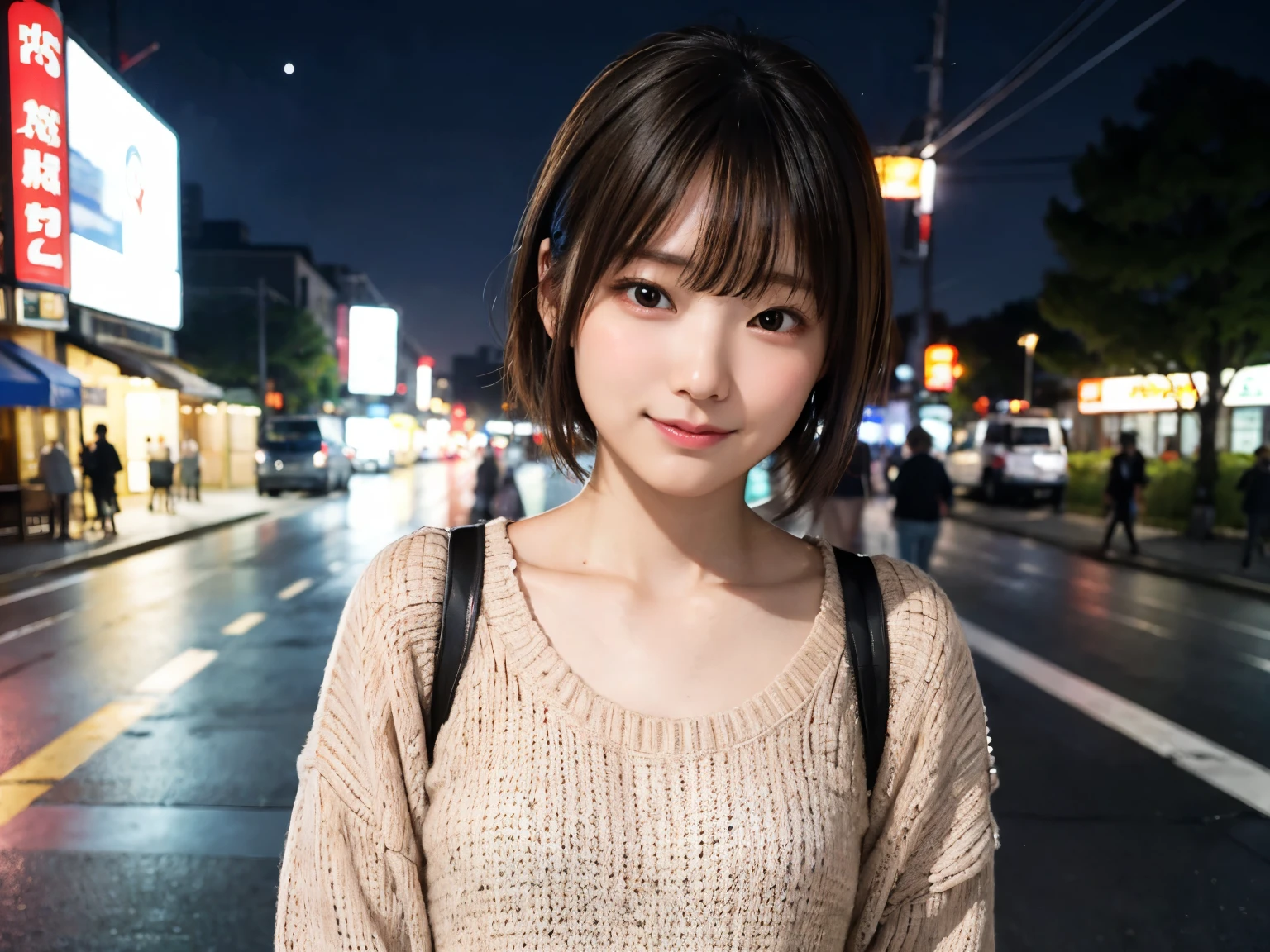 밤에 도쿄의 길모퉁이에서 캐주얼한 옷을 입은 일본 여성、검은테 안경을 쓰고 있다、뷰어를보고、(최상의 품질、걸작)))、높은 해상도、매우 상세한、걸작、영화 조명、(8K、최상의 품질、걸작:1.2)、(현실적인、포토리얼:1.37) 높은 해상도、매우 상세한、아시아 사람, 귀여운, 귀여운顔, 홀로, 짧은 머리 1.2, 거친 피부, 아름답고 세밀한 밤하늘, 야경、영화 조명, 서면 경계 깊이, 렌즈 플레어 라이트、(상체:0.5)、날짜、(코를 붉히다)、(웃음:1.15)、(입을 다물었다)작은 가슴、아름답고 섬세한 눈、(스웨터:1.1)、(짧은 머리:1.2)、떠다니는 머리카락 노바개구리 스타일