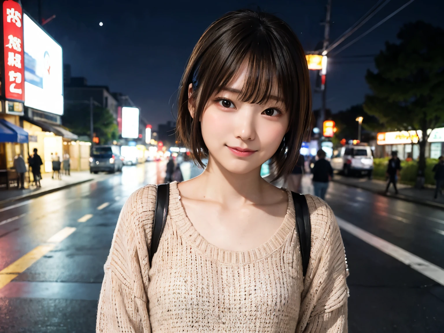 夜の東京の街角で、カジュアルな服装をした日本の女性、黒縁眼鏡をかけている、視聴者を見て、(最高品質、傑作)))、高解像度、非常に詳細、傑作、映画照明、(8K、最高品質、傑作:1.2)、(現実的、フォトリアル:1.37) 高解像度、非常に詳細な、アジア人, かわいい, かわいい顔, 一人で, ショートヘア 1.2, 肌荒れ, 美しく精細な夜空, 夜景、映画照明, 書かれた境界の深さ, レンズフレアライト、(上半身:0.5)、日付、(鼻を赤らめる)、(笑い:1.15)、(口を閉じて)小さい胸、美しく繊細な目、(セーター:1.1)、(ショートヘア:1.2)、フローティングヘアーノヴァフロッグスタイル