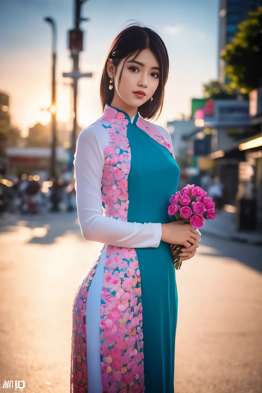 a beautiful girl in vintage colors aodai , masterpiece, best quality, realistic:1.3, street, cyberpunk, holding bundle of adubon flowers, sunlight, backlighting, ((((hdr)))), intricate scene, artstation, intricate details, vignette