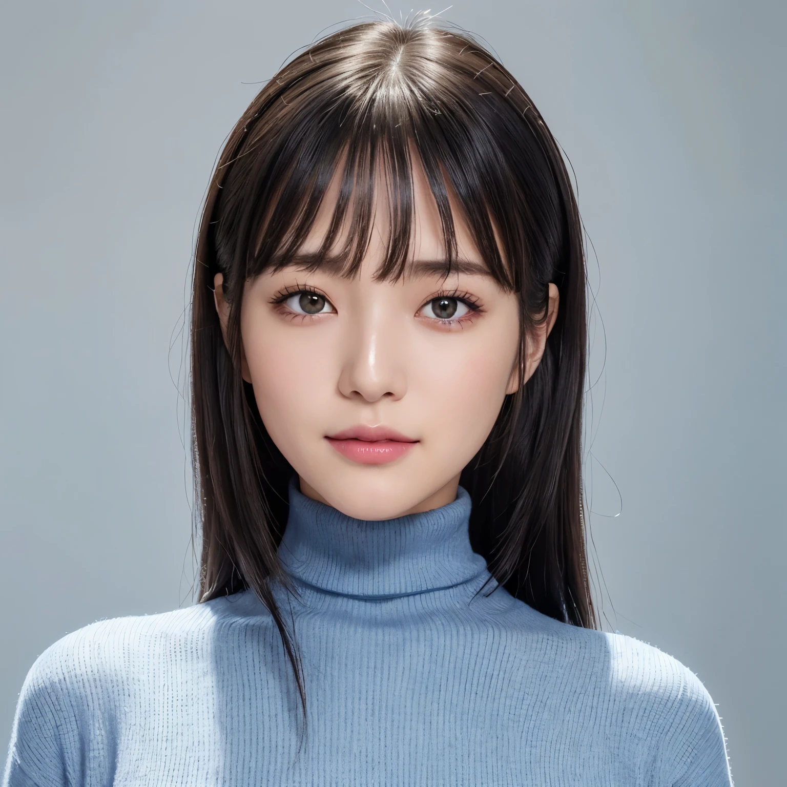 highest quality, realistic, 8K, High resolution, 1 girl, woman, (skin dents), (professional lighting), (portrait:0.6), (blue turtleneck sweater), nice, (short black hair:1), (look at the camera), ((looking at the viewer:1.5)), (look at the camera), realistic, (Bokeh), (I wore:0.6), nice, (dynamic pose:1.2), Intense lighting to the facial area, lips, (closed mouth:1.3), smile,、Beautiful skin with ultra-high definition gloss and moisture、Ultra high definition beautiful face、Super high-definition sparkling eyes、ultra high definition hair、accurate anatomy