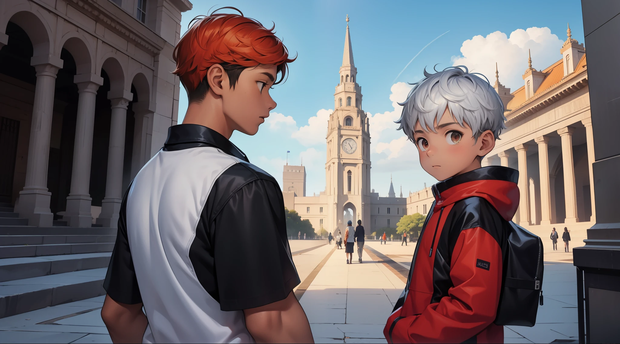 Anime characters standing in front of a building with a clock tower in the  background - SeaArt AI