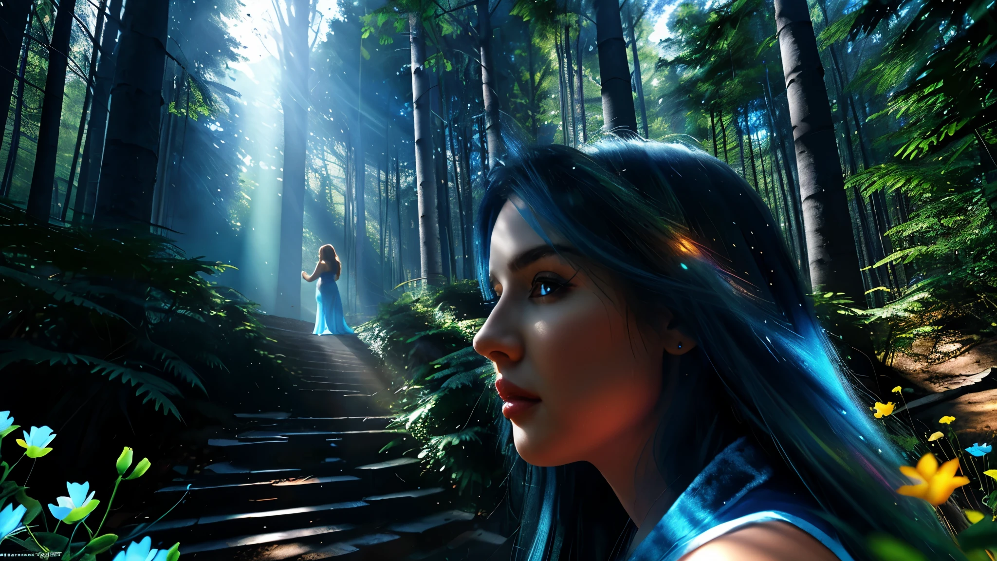 hdr digital image, Side view, staircase to a three-dimensional portal, illuminated in neon blue, rainbow, in the middle of the forest, lights coming out from inside, close-up portrait, a beautiful young woman, big blue eyes, bright blue dress, velvet resolution 32k, detailed, forest, tall trees, flowers, sky with rays, brightly lit, ultra realistic, beautiful, hyper-detailed, photorealistic, vibrant, full, ultra-high quality, masterpiece,