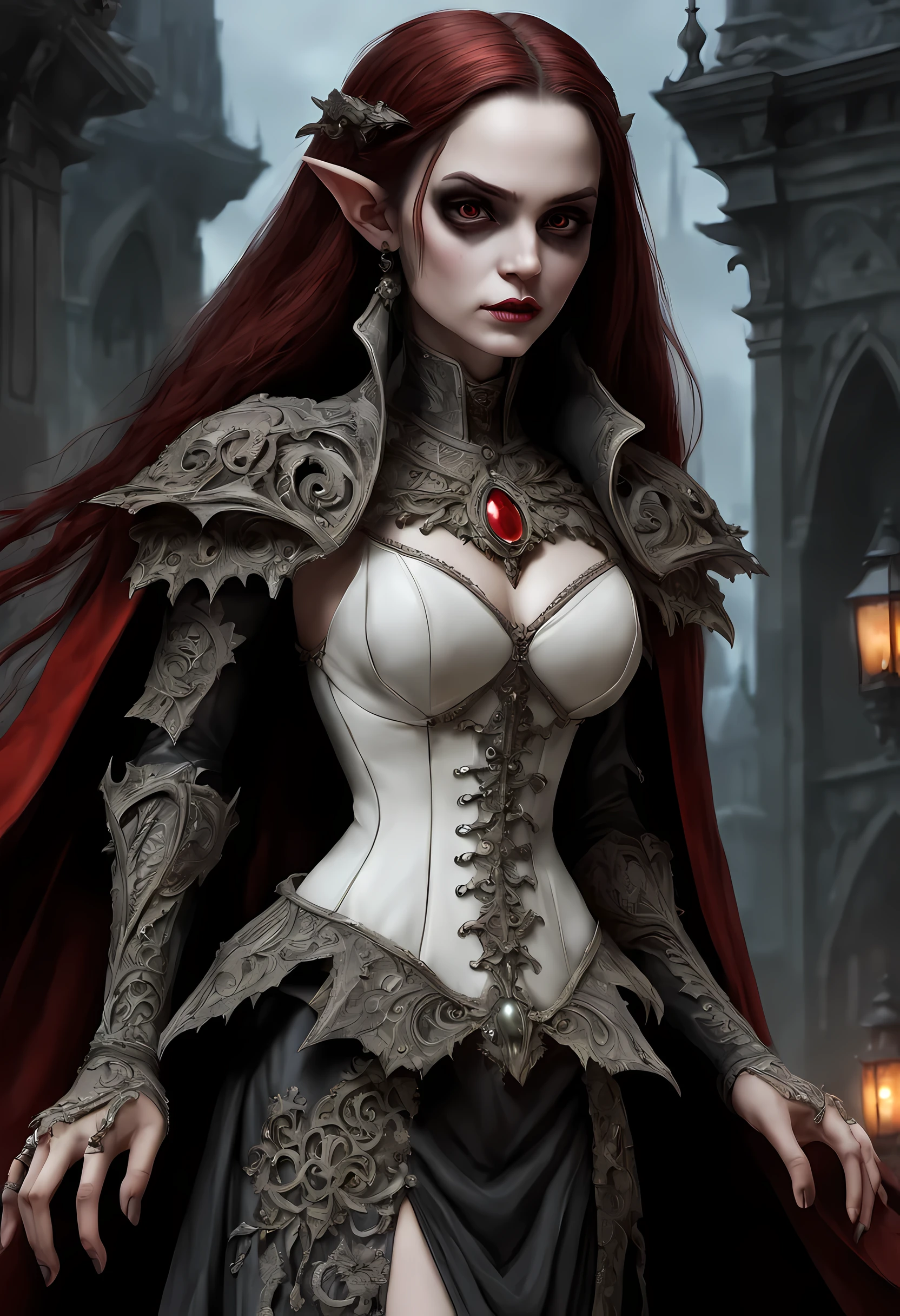 arafed, dark fantasy art, gothic art, (masterpiece:1.5), full body best details, highly detailed, best quality, highres, NeroV2, full body portrait of a vampire, elf (Masterpiece, best quality, ultra feminine: 1.5)  with a long curvy hair, dark color hair, red eyes (fantasy art, Masterpiece, best quality: 1.3), ((beautiful delicate face)), Ultra Detailed Face (intricate details, fantasy art, Masterpiece, best quality: 1.5), [visible vampiric fangs] (intricate details, fantasy art, Masterpiece, best quality: 1.5), [anatomically correct] red cloak, flowing cloak (intense details, fantasy art, Masterpiece, best quality: 1.3), wearing an intricate leather [white] dress (intricate details, gothic art, Masterpiece, best quality: 1.5), high heeled boots, blood dripping on lips, urban background (intense details, beat details), fantasy, at night light, natural ,moon light, soft moon light, moon rays, clouds, gothic atmosphere, gothic street background, bats flying in background, soft light, dynamic light, [[anatomically correct]], high details, best quality, 16k, [ultra detailed], masterpiece, best quality, (extremely detailed), dynamic angle, ultra wide shot, RAW, photorealistic