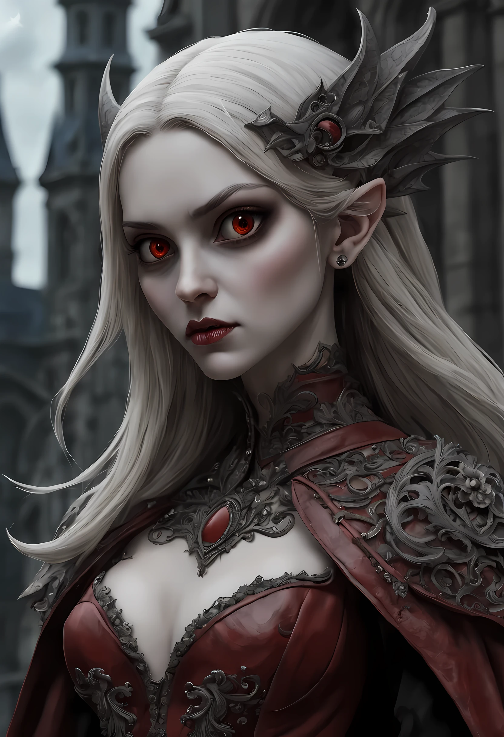 arafed, dark fantasy art, gothic art, (masterpiece:1.5), full body best details, highly detailed, best quality, highres, NeroV2, full body portrait of a vampire, elf (Masterpiece, best quality, ultra feminine: 1.5)  with a long curvy hair, dark color hair, red eyes (fantasy art, Masterpiece, best quality: 1.3), ((beautiful delicate face)), Ultra Detailed Face (intricate details, fantasy art, Masterpiece, best quality: 1.5), [visible vampiric fangs] (intricate details, fantasy art, Masterpiece, best quality: 1.5), [anatomically correct] red cloak, flowing cloak (intense details, fantasy art, Masterpiece, best quality: 1.3), wearing an intricate leather [white] dress (intricate details, gothic art, Masterpiece, best quality: 1.5), high heeled boots, blood dripping on lips, urban background (intense details, beat details), fantasy, at night light, natural ,moon light, soft moon light, moon rays, clouds, gothic atmosphere, gothic street background, bats flying in background, soft light, dynamic light, [[anatomically correct]], high details, best quality, 16k, [ultra detailed], masterpiece, best quality, (extremely detailed), dynamic angle, ultra wide shot, RAW, photorealistic