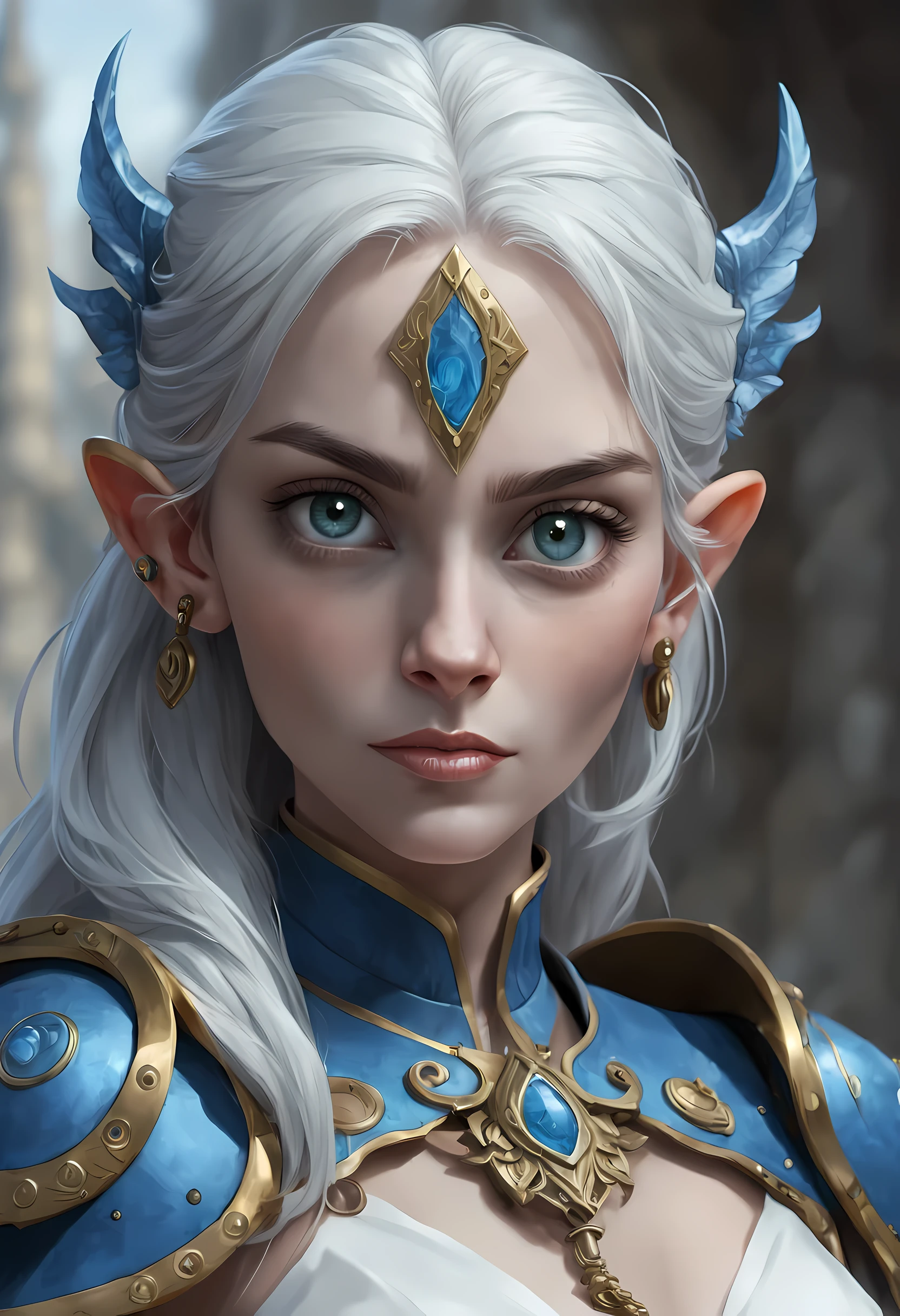 fantasy art, dnd art, RPG art, wide shot, (masterpiece: 1.4) a (portrait: 1.3) intense details, highly detailed, photorealistic, best quality, highres, portrait a female (fantasy art, Masterpiece, best quality: 1.3) ((blue skin: 1.5)), intense details facial details, exquisite beauty, (fantasy art, Masterpiece, best quality) cleric, (blue: 1.3) skinned female, (white hair: 1.3), long hair, intense (green: 1.3) eye, fantasy art, Masterpiece, best quality) armed a fiery sword red fire, wearing heavy (white: 1.3) half plate mail armor, wearing high heeled laced boots, wearing an(orange :1.3) cloak, wearing glowing holy symbol GlowingRunes_yellow, within fantasy temple background, reflection light, high details, best quality, 16k, [ultra detailed], masterpiece, best quality, (extremely detailed), close up, ultra wide shot, photorealistic, RAW, fantasy art, dnd art, fantasy art, realistic art,((best quality)), ((masterpiece)), (detailed), perfect face, ((no ears: 1.6))