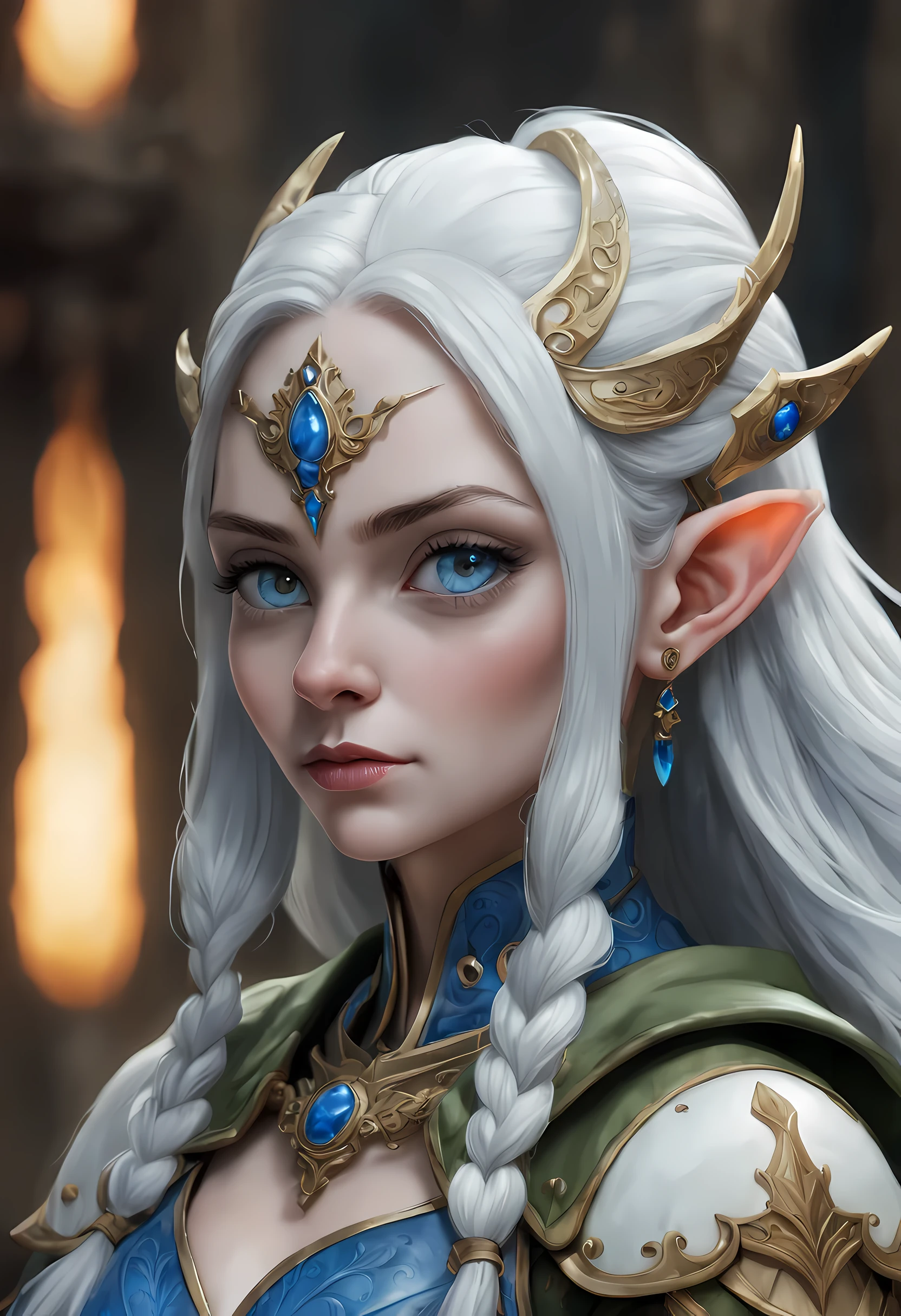 fantasy art, dnd art, RPG art, wide shot, (masterpiece: 1.4) a (portrait: 1.3) intense details, highly detailed, photorealistic, best quality, highres, portrait a female (fantasy art, Masterpiece, best quality: 1.3) ((blue skin: 1.5)), intense details facial details, exquisite beauty, (fantasy art, Masterpiece, best quality) cleric, (blue: 1.3) skinned female, (white hair: 1.3), long hair, intense (green: 1.3) eye, fantasy art, Masterpiece, best quality) armed a fiery sword red fire, wearing heavy (white: 1.3) half plate mail armor, wearing high heeled laced boots, wearing an(orange :1.3) cloak, wearing glowing holy symbol GlowingRunes_yellow, within fantasy temple background, reflection light, high details, best quality, 16k, [ultra detailed], masterpiece, best quality, (extremely detailed), close up, ultra wide shot, photorealistic, RAW, fantasy art, dnd art, fantasy art, realistic art,((best quality)), ((masterpiece)), (detailed), perfect face, ((no ears: 1.6))
