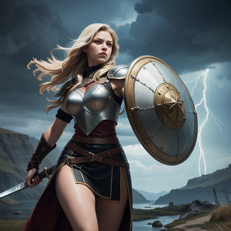 amazing quality, masterpiece, best quality, hyper detailed, ultra detailed, UHD, perfect anatomy, beautiful Viking woman warrior wears futuristic armor and holds a sword and shield, every part of the body is muscular, dazzling ,upper body ,elegant fighting pose and fierce and solemn, full body shot,dramatic lighting , ,sky was overcast with lightning , Viking ship background., photo realistic