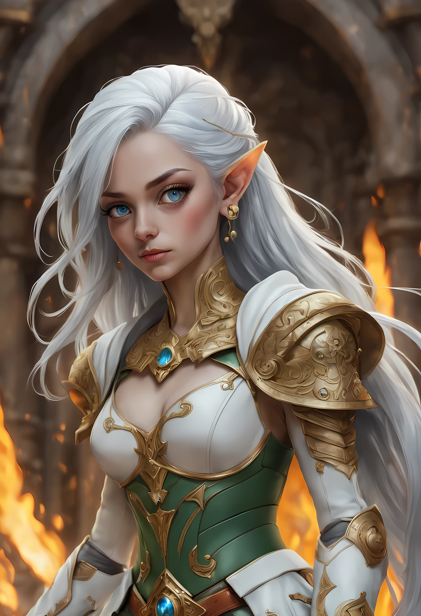 fantasy art, dnd art, RPG art, wide shot, (masterpiece: 1.4) a (portrait: 1.3) intense details, highly detailed, photorealistic, best quality, highres, portrait a female (fantasy art, Masterpiece, best quality: 1.3) [[blue skin: 1.5]], intense details facial details, exquisite beauty, (fantasy art, Masterpiece, best quality) cleric, (blue: 1.3) skinned female, (white hair: 1.3), long hair, intense (green: 1.3) eye, fantasy art, Masterpiece, best quality) armed a fiery sword red fire, wearing heavy (white: 1.3) half plate mail armor, wearing high heeled laced boots, wearing an(orange :1.3) cloak, wearing glowing holy symbol GlowingRunes_yellow, within fantasy temple background, reflection light, high details, best quality, 16k, [ultra detailed], masterpiece, best quality, (extremely detailed), close up, ultra wide shot, photorealistic, RAW, fantasy art, dnd art, fantasy art, realistic art,((best quality)), ((masterpiece)), (detailed), perfect face, ((no ears: 1.6))