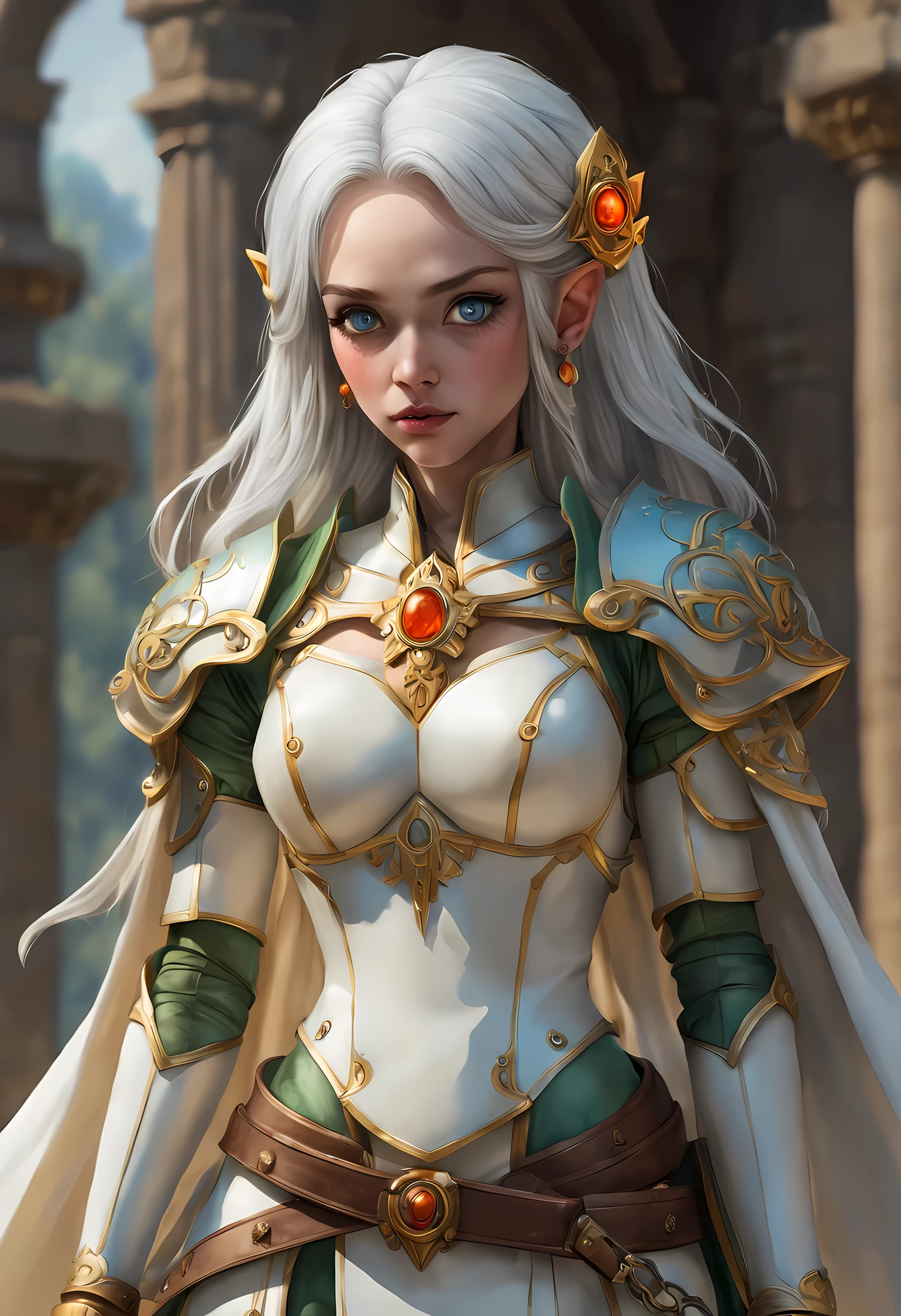 fantasy art, dnd art, RPG art, wide shot, (masterpiece: 1.4) a (portrait: 1.3) intense details, highly detailed, photorealistic, best quality, highres, portrait a female (fantasy art, Masterpiece, best quality: 1.3) [[blue skin: 1.5]], intense details facial details, exquisite beauty, (fantasy art, Masterpiece, best quality) cleric, (blue: 1.3) skinned female, (white hair: 1.3), long hair, intense (green: 1.3) eye, fantasy art, Masterpiece, best quality) armed a fiery sword red fire, wearing heavy (white: 1.3) half plate mail armor, wearing high heeled laced boots, wearing an(orange :1.3) cloak, wearing glowing holy symbol GlowingRunes_yellow, within fantasy temple background, reflection light, high details, best quality, 16k, [ultra detailed], masterpiece, best quality, (extremely detailed), close up, ultra wide shot, photorealistic, RAW, fantasy art, dnd art, fantasy art, realistic art,((best quality)), ((masterpiece)), (detailed), perfect face, ((no ears: 1.6))