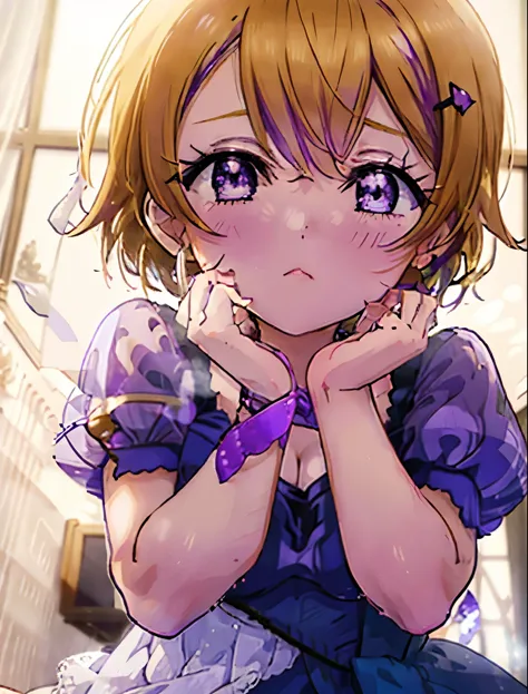  Hanayo Koizumi,Hanayo Koizumi　lovelive,short hair, brown hair, (purple eyes:1.5) (big breasts:1.2),looking at the viewer, heart-shaped eyes, simultaneous,  blush，show viewer, from below, concentrated, Beyond the particles of light, love hotel bedroom, Gre...