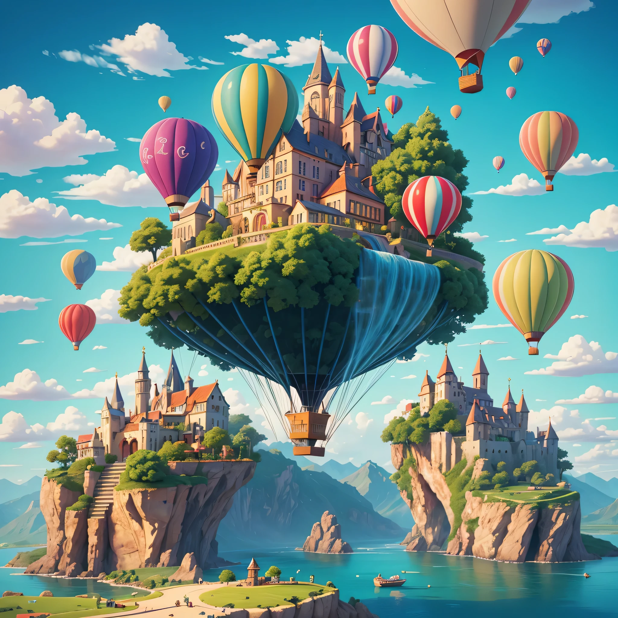 best quality,super detailed,16k,masterpiece,fantasy,Sky,cloudy,Beautiful city on the clouds,water,waterfall,cute creatures flying across the Sky,illustration,hot air balloon,colorful,bright colors,pleasure