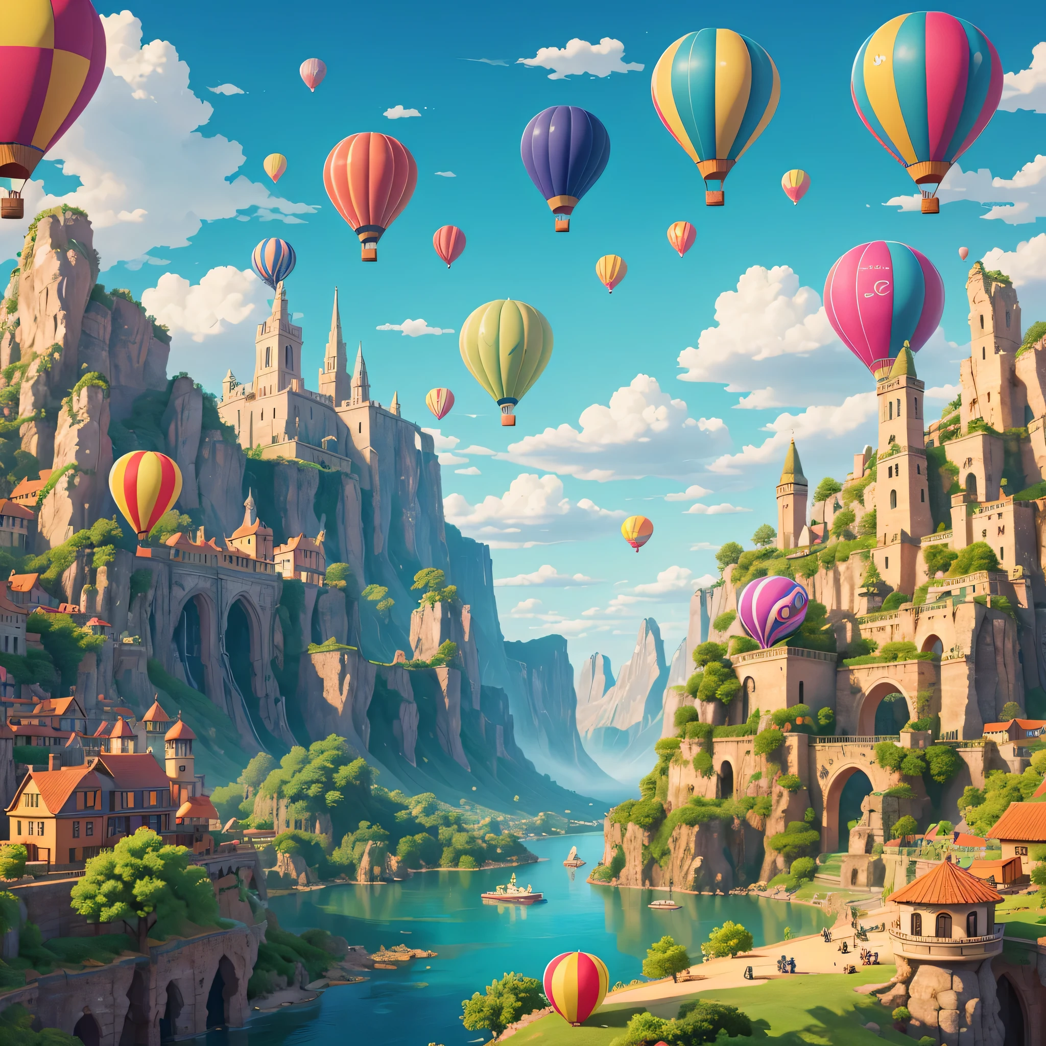 best quality,super detailed,16k,masterpiece,fantasy,Sky,cloudy,Beautiful city on the clouds,water,waterfall,cute creatures flying across the Sky,illustration,hot air balloon,colorful,bright colors,pleasure