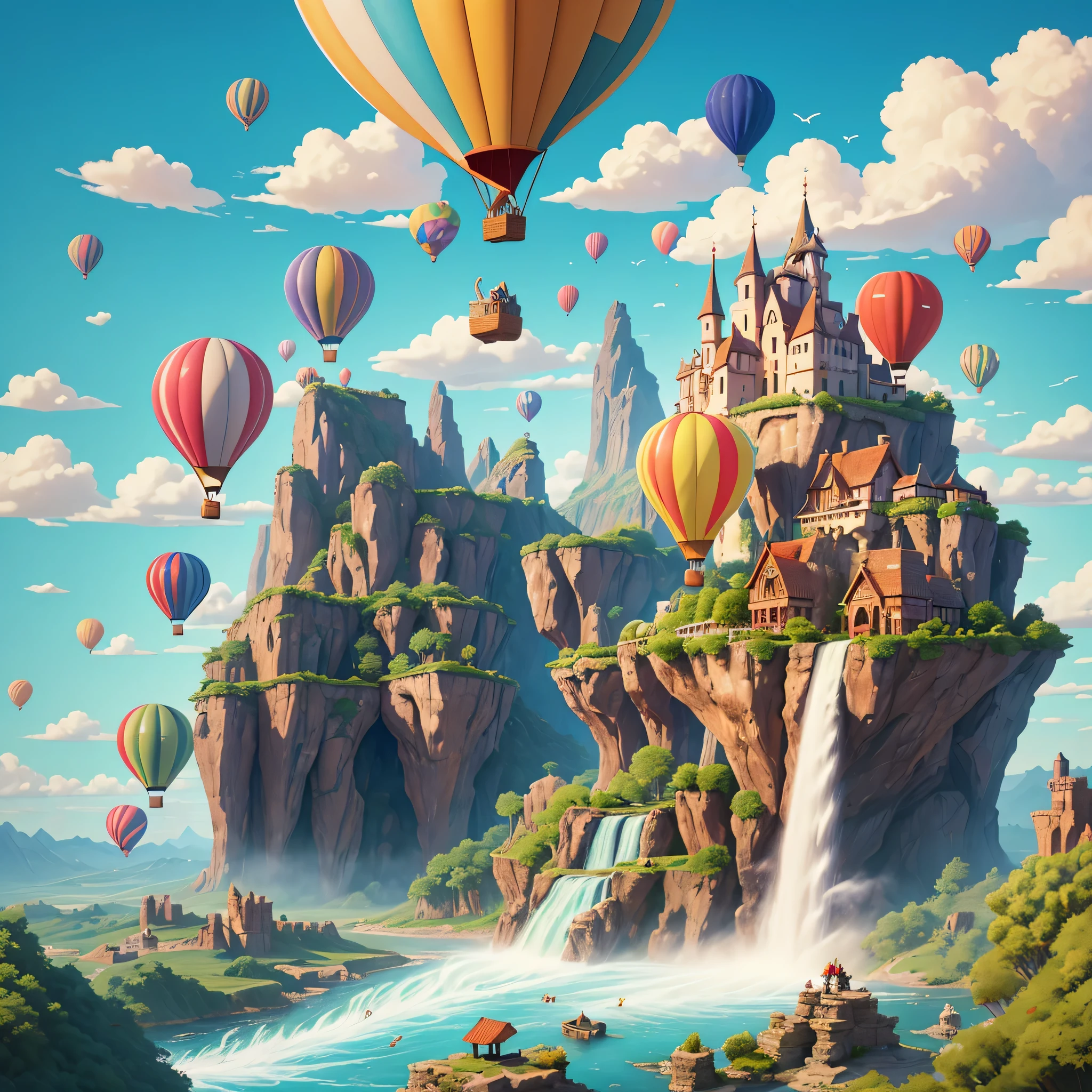 best quality,super detailed,16k,masterpiece,fantasy,Sky,cloudy,Beautiful city on the clouds,water,waterfall,cute creatures flying across the Sky,illustration,hot air balloon,colorful,bright colors,pleasure