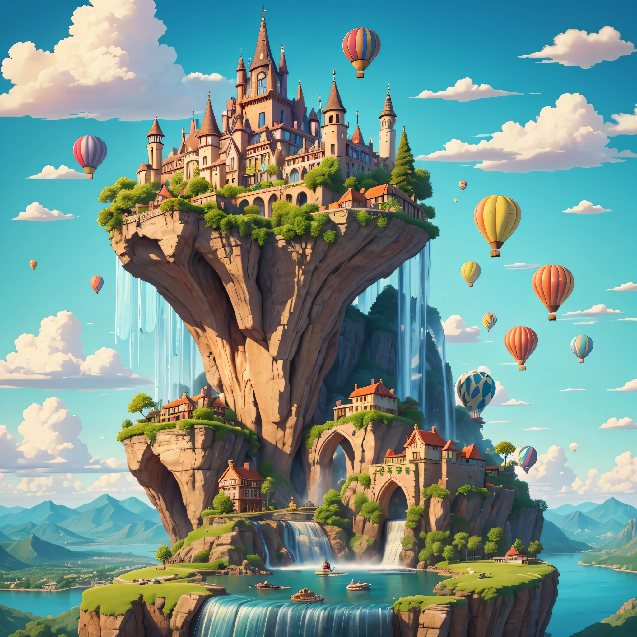 best quality,super detailed,16k,masterpiece,fantasy,Sky,cloudy,Beautiful city on the clouds,water,waterfall,cute creatures flying across the Sky,illustration,hot air balloon,colorful,bright colors,pleasure