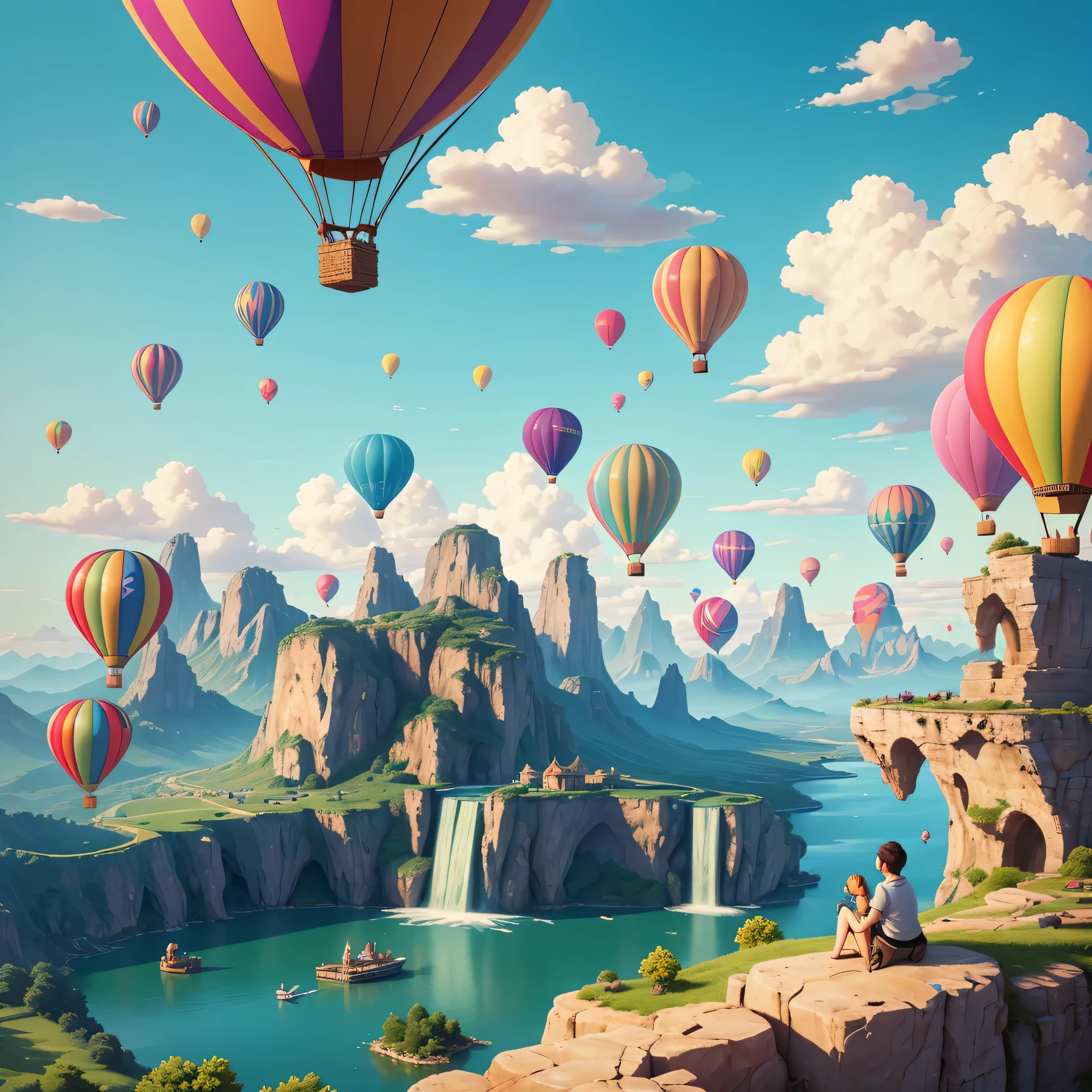 best quality,super detailed,16k,masterpiece,fantasy,Sky,cloudy,Beautiful city on the clouds,water,waterfall,cute creatures flying across the Sky,illustration,hot air balloon,colorful,bright colors,pleasure
