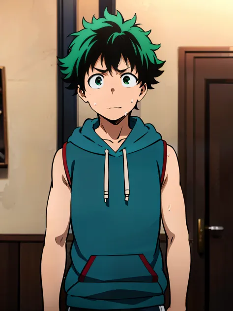 Highres, Masterpiece, Best quality at best,Best Quality,hight quality, hight detailed, Izuku Midoriya, Green hair, Green eye, 1boy, Boy, Sleeveless hoodie, (very young boy), (very small and short body), 12-Year-Old-Boy, Sweat, House beckground