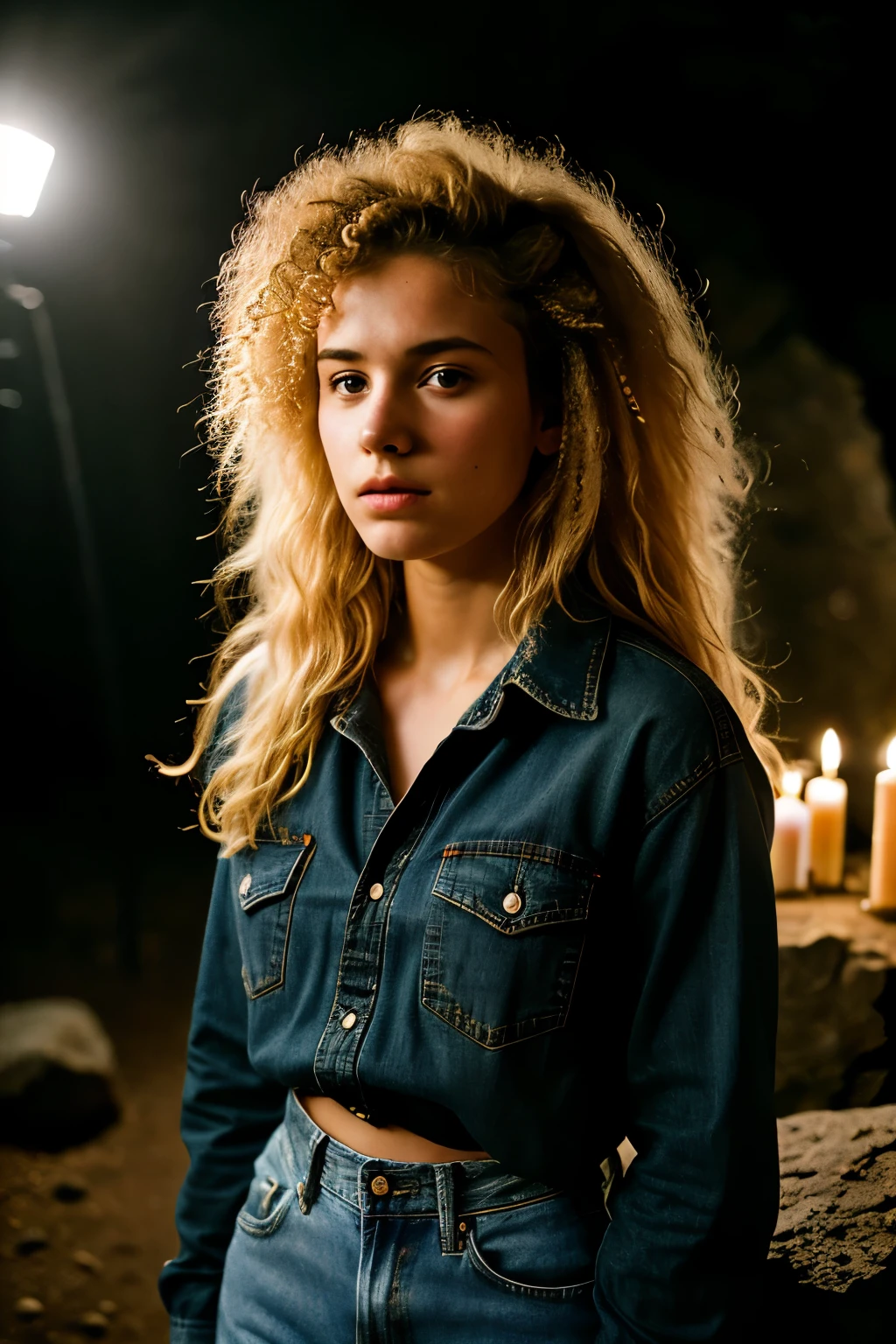 photograph of a 20 year old woman, (troubled facial expression), textured skin, goosebumps, blonde afro hair, plaid flannel shirt with distressed boyfriend jeans, cowboy shot, dark and mysterious cave with unique rock formations and hidden wonders, perfect eyes, (candlelight,chiaroscuro), Porta 160 color, shot on ARRI ALEXA 65, bokeh, sharp focus on subject, shot by Don McCullin