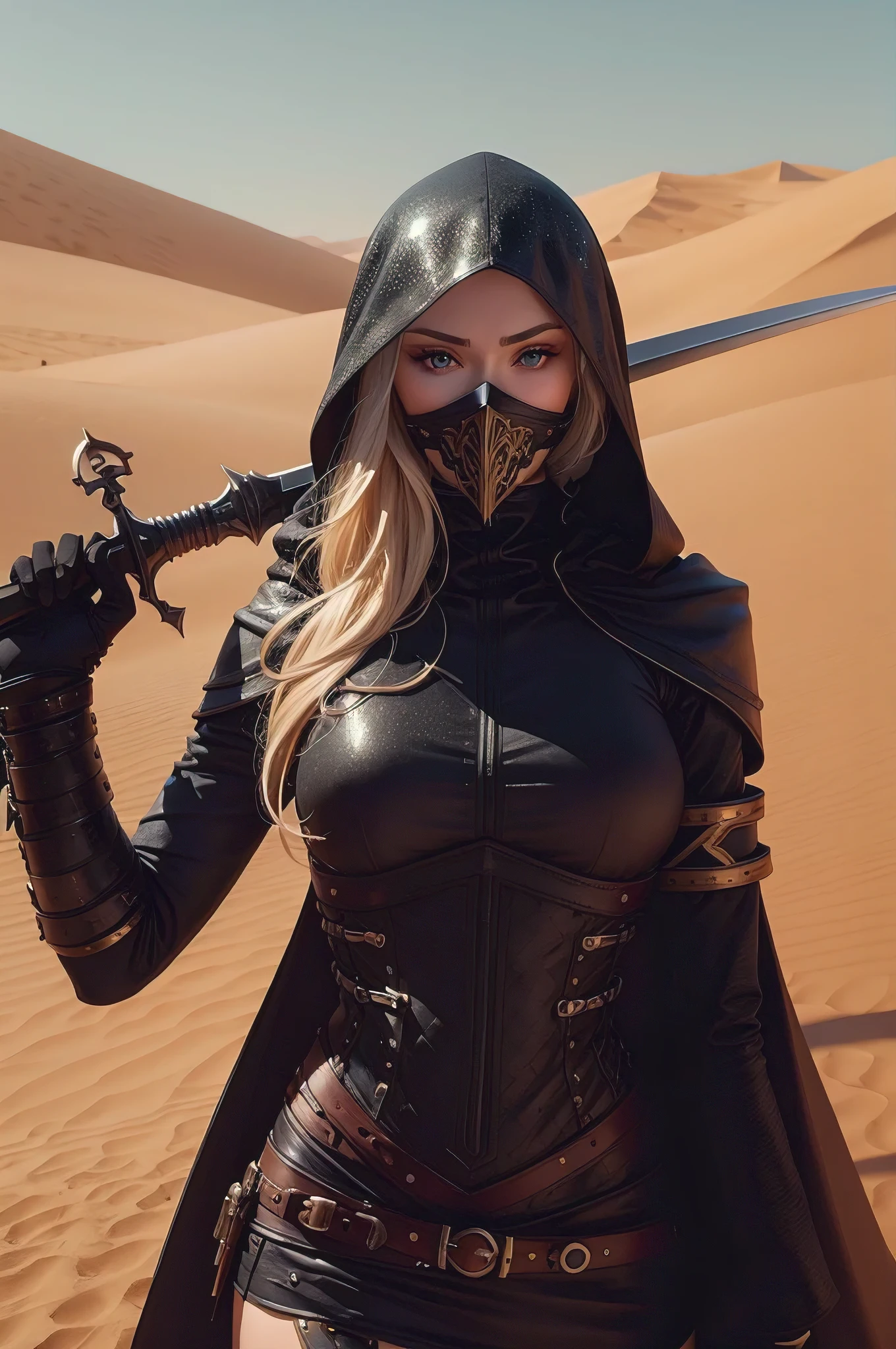 gorgeous stunning immaculate female with blue eyes golden hair in fishtail style, assassins mask and cloak, black gloves, black leather pants, only eyes visible, has sword on back and dagger in hand, background is scorching hot red sand desert, dunes, Full scale, full body, wide angle, romantic, dreamy, ethereal, Cinematic, Photoshoot, Shot on 35mm lens, Depth of Field, DOF, Tilt blur, Shutter speed 1/1000, F/22, White balance, 32k, Super-resulution, Megapixel, Pro Photo RGB, VR, , Good, Massive, Half rear Lighting, Backlight, Dramatic Lighting, Incandescent, Optical Fiber, Moody Lighting, Cinematic Lighting, Studio Lighting, Soft Lighting, Volumetric, Conte-Jour, Beatiful Lighting, Accent Lighting, Global Illuminating, Screen space Global illuminating, Ray Tracing Global Illuminating, Optics, Scattering, Glowing, Shadows, Rough, Shimmering, Ray tracing reflections, Lumen Reflections, Screen space reflections, Diffraction grading, Chromatic Aberration, GB Displacement, Scan lines, Ray traced, ray traceing Ambient occlusion, Anti aliasing, FKAA, TXAA, RTX, SSAO, Shaders, Open-GL Shaders, GLSL-Shaders, Post Processing, Post Production, Cell Shading, Tone Mapping, CGI, VFX, SFX, insanely detailed and intricate, hyper maximalist, elegant, super detailed, dynamic pose, photography, volumetric, ultra-detailed, intricate detailes, 8K, super detailed, ambient