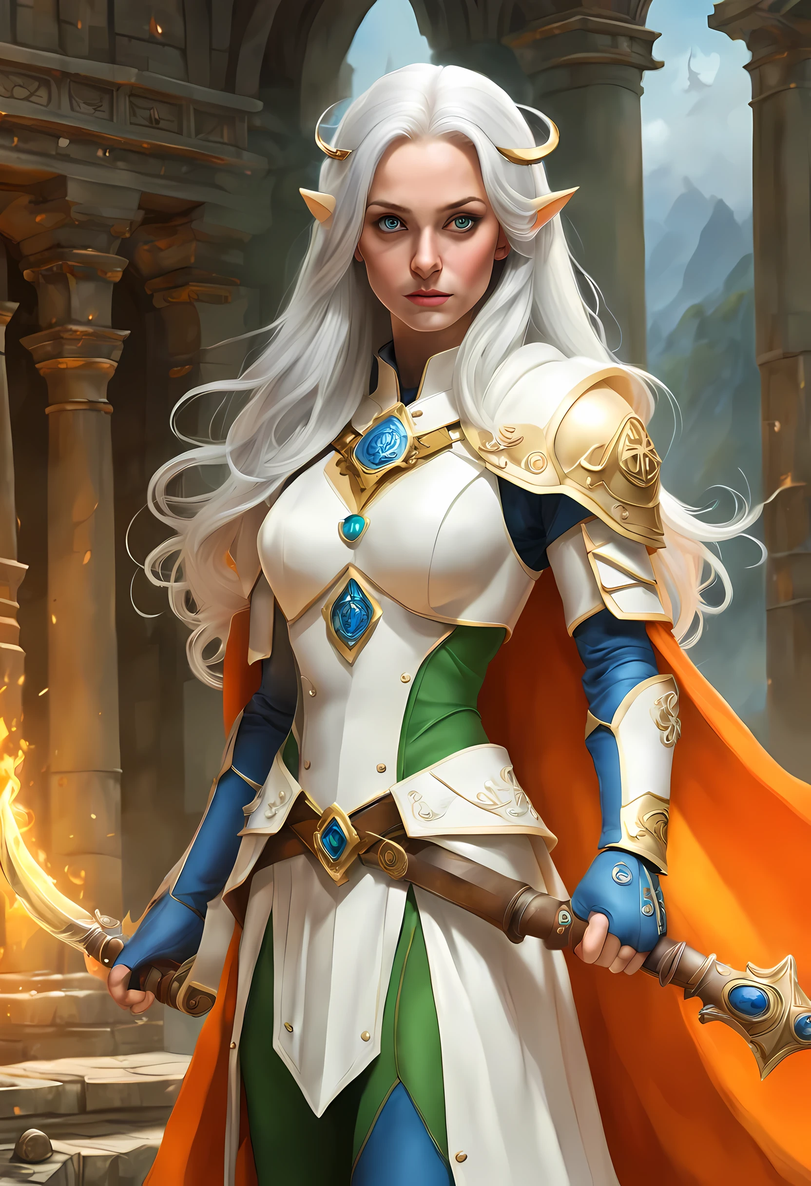 fantasy art, dnd art, RPG art, wide shot, (masterpiece: 1.4) a (portrait: 1.3) intense details, highly detailed, photorealistic, best quality, highres, portrait a female (fantasy art, Masterpiece, best quality: 1.3) bl3uprint (blue skin: 1.5, intense details facial details, exquisite beauty, (fantasy art, Masterpiece, best quality) cleric, (blue: 1.3) skinned female, (white hair: 1.3), long hair, intense (green: 1.3) eye, fantasy art, Masterpiece, best quality) armed a fiery sword red fire, wearing heavy (white: 1.3) half plate mail armor, wearing high heeled laced boots, wearing an(orange :1.3) cloak, wearing glowing holy symbol GlowingRunes_yellow, within fantasy temple background, reflection light, high details, best quality, 16k, [ultra detailed], masterpiece, best quality, (extremely detailed), close up, ultra wide shot, photorealistic, RAW, fantasy art, dnd art, fantasy art, realistic art,((best quality)), ((masterpiece)), (detailed), perfect face, ((no ears: 1.6))