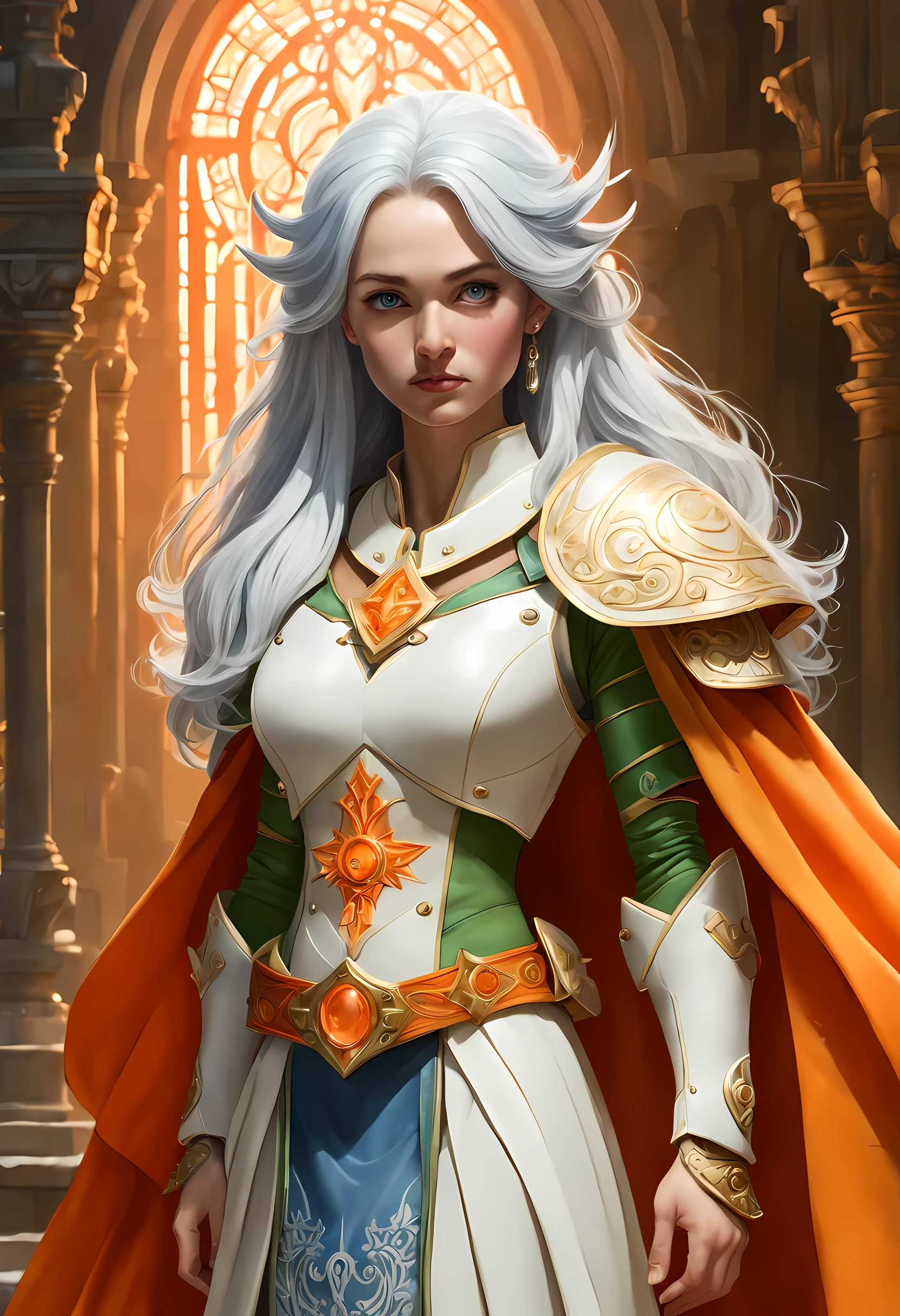 fantasy art, dnd art, RPG art, wide shot, (masterpiece: 1.4) a (portrait: 1.3) intense details, highly detailed, photorealistic, best quality, highres, portrait a female (fantasy art, Masterpiece, best quality: 1.3) bl3uprint (blue skin: 1.5, intense details facial details, exquisite beauty, (fantasy art, Masterpiece, best quality) cleric, (blue: 1.3) skinned female, (white hair: 1.3), long hair, intense (green: 1.3) eye, fantasy art, Masterpiece, best quality) armed a fiery sword red fire, wearing heavy (white: 1.3) half plate mail armor, wearing high heeled laced boots, wearing an(orange :1.3) cloak, wearing glowing holy symbol GlowingRunes_yellow, within fantasy temple background, reflection light, high details, best quality, 16k, [ultra detailed], masterpiece, best quality, (extremely detailed), close up, ultra wide shot, photorealistic, RAW, fantasy art, dnd art, fantasy art, realistic art,((best quality)), ((masterpiece)), (detailed), perfect face, ((no ears: 1.6))