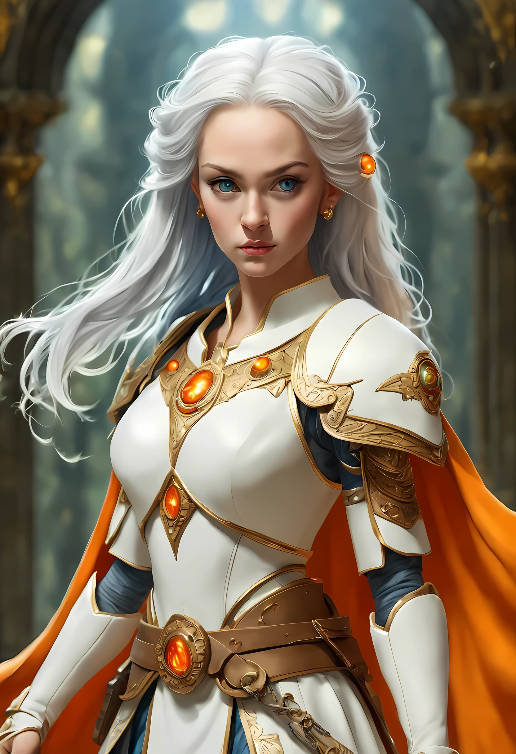 fantasy art, dnd art, RPG art, wide shot, (masterpiece: 1.4) a (portrait: 1.3) intense details, highly detailed, photorealistic, best quality, highres, portrait a female (fantasy art, Masterpiece, best quality: 1.3) bl3uprint (blue skin: 1.5, intense details facial details, exquisite beauty, (fantasy art, Masterpiece, best quality) cleric, (blue: 1.3) skinned female, (white hair: 1.3), long hair, intense (green: 1.3) eye, fantasy art, Masterpiece, best quality) armed a fiery sword red fire, wearing heavy (white: 1.3) half plate mail armor, wearing high heeled laced boots, wearing an(orange :1.3) cloak, wearing glowing holy symbol GlowingRunes_yellow, within fantasy temple background, reflection light, high details, best quality, 16k, [ultra detailed], masterpiece, best quality, (extremely detailed), close up, ultra wide shot, photorealistic, RAW, fantasy art, dnd art, fantasy art, realistic art,((best quality)), ((masterpiece)), (detailed), perfect face, ((no ears: 1.6))