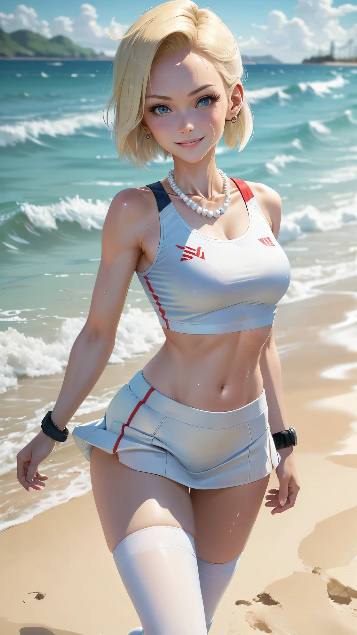 best quality, highres, and18, 1girl, android 18, solo girl, 1girl, blonde hair, blue eyes, sport sneakers, red and white volleyball uniform, pearl necklace, white lycra micro skirt, short hair, white lycra sport top, earrings, wrist sweat bands, medium breasts, cowboy shot, sea shore, straight-on, (weather: and windy), wet body, wet clothes, cute smile, relaxed stance, thigh high socks, volleyball court, striped bikini,