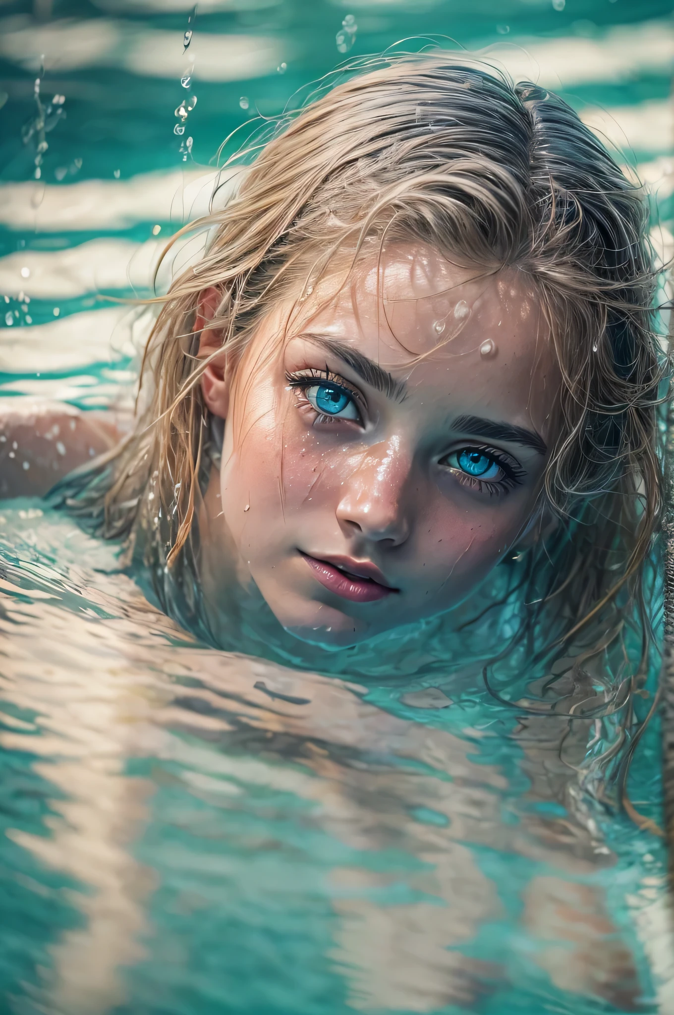 Ultra realistic photography, ultra detailed 8k, sharp photography, wide angle, full body, small german blonde blue-grey eyes teenager on her back in a swimming pool, slender body, wet body, very detailed face