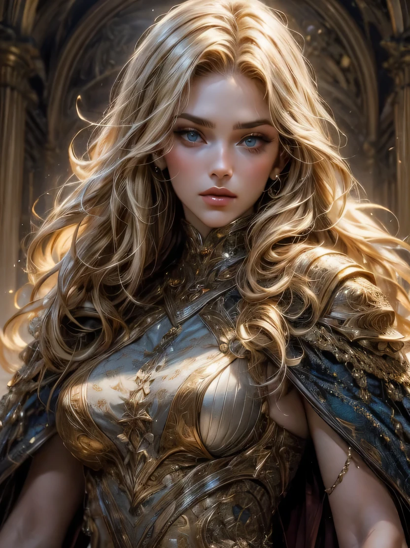 ((masterpiece、highest quality、Super detailed、High resolution、sharp focus、cinematic lighting))、portrait of a beautiful woman、cowboy shot、focus from the chest up、face light、viking warrior、((fur cloak、Warrior armor))、blonde hair、wavy hair、blue eyes、view audience、dynamic action、detailed hand drawing、Priest