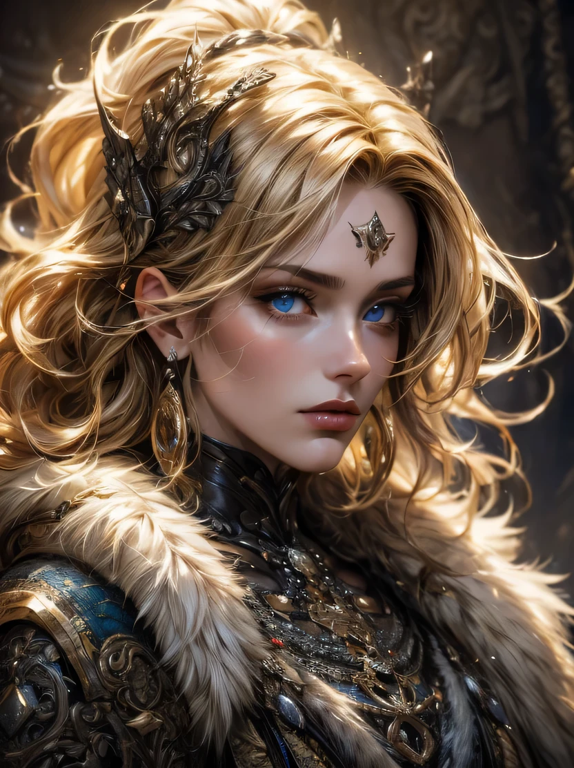 ((masterpiece、highest quality、Super detailed、High resolution、sharp focus、cinematic lighting))、portrait of a beautiful woman、cowboy shot、focus from the chest up、face light、viking warrior、((fur cloak、Warrior armor))、blonde hair、wavy hair、blue eyes、view audience、dynamic action、detailed hand drawing、Priest