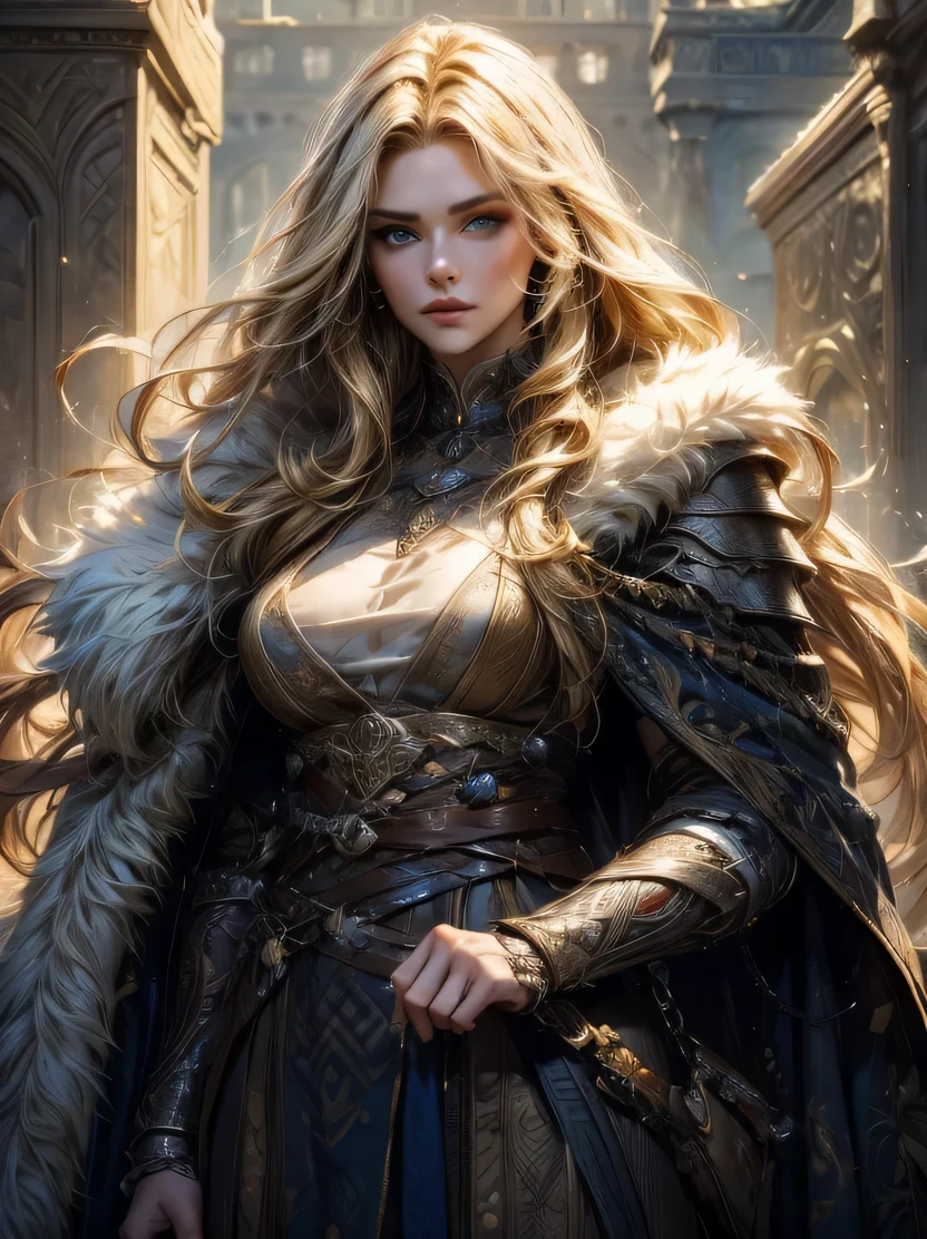 ((masterpiece、highest quality、Super detailed、High resolution、sharp focus、cinematic lighting))、portrait of a beautiful woman、cowboy shot、focus from the chest up、face light、viking warrior、((fur cloak、Warrior armor))、blonde hair、wavy hair、blue eyes、view audience、dynamic action、detailed hand drawing、Priest