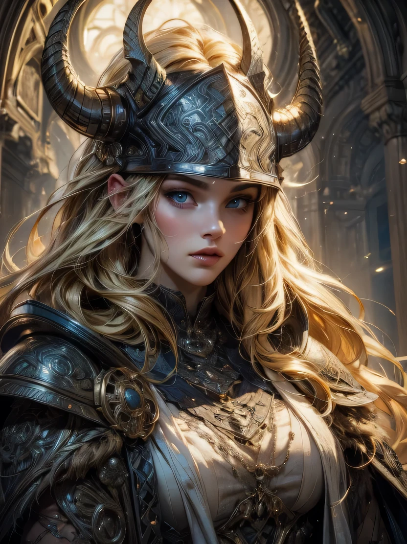 ((masterpiece、highest quality、Super detailed、High resolution、sharp focus、cinematic lighting))、portrait of a beautiful woman、cowboy shot、focus from the chest up、face light、viking warrior、((fur cloak、Warrior armor、Helmet with horns))、blonde hair、wavy hair、blue eyes、view audience、dynamic action、detailed hand drawing、Priest