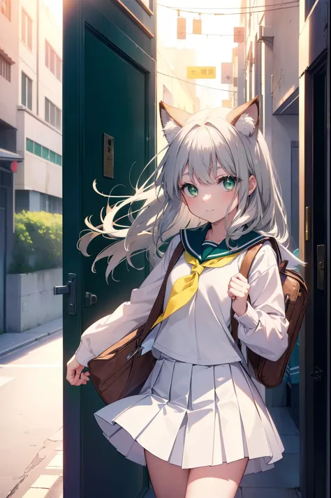 index, index, (green eyes:1.5), silver hair, long hair, (flat chest:1.2),smile,animal ears,Brown cat ears,brown cat tail,Japanes...