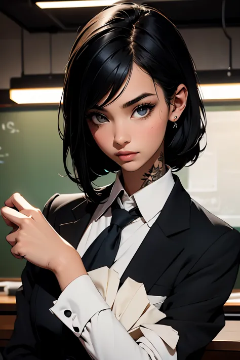 emo, emo girl, black hair, cute, tattoos, close up, a teacher in a sharp suit stands confidently, her attire tailored to perfect...