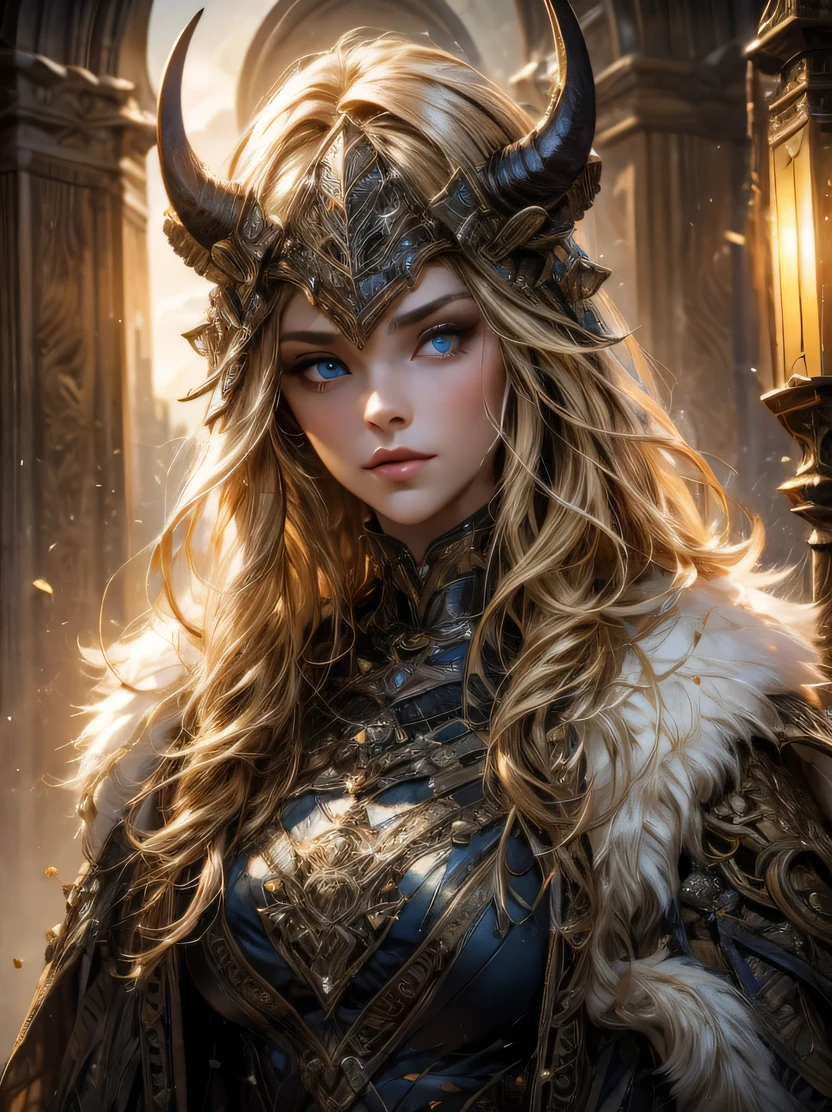 ((masterpiece、highest quality、Super detailed、High resolution、sharp focus、cinematic lighting))、portrait of a beautiful woman、cowboy shot、focus from the chest up、face light、viking warrior、((fur cloak、Warrior armor、Helmet with horns))、blonde hair、wavy hair、blue eyes、view audience、dynamic action、detailed hand drawing、Priest
