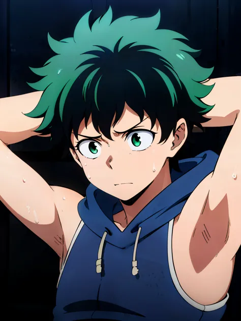 Highres, Masterpiece, Best quality at best,Best Quality,hight quality, hight detailed, Izuku Midoriya, Green hair, Green eye, 1boy, Boy, Sleeveless hoodie, (Showing armpit:1.3), (very young boy), (very small and short body), 12-Year-Old-Boy, Sweat, Simple ...