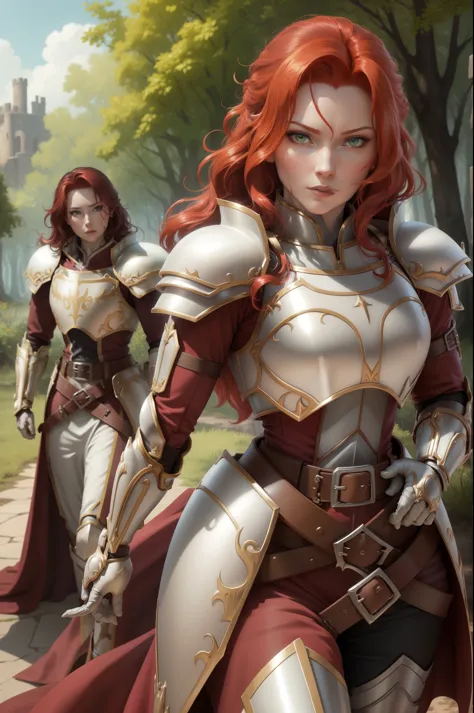 masterpiece, best quality, titania, armor, red dress, belt, gauntlets, gloves, armored boots, forest, looking at viewer, walking...