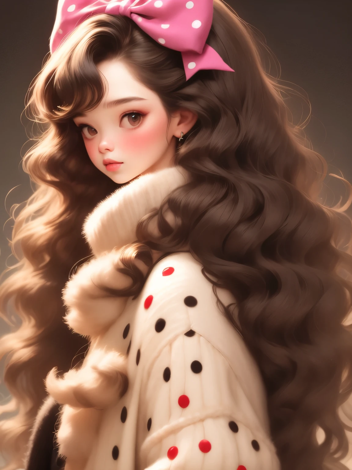 (masterpiece, best quality:1.2),a beautiful girl，Skin detail processing，The eyes are finely described，Delicate hair，wavy long hair，Long light hair，Wear a large bow on your head，Black Sweater，white dots，skirt，Retro contrasting colors，clean background
