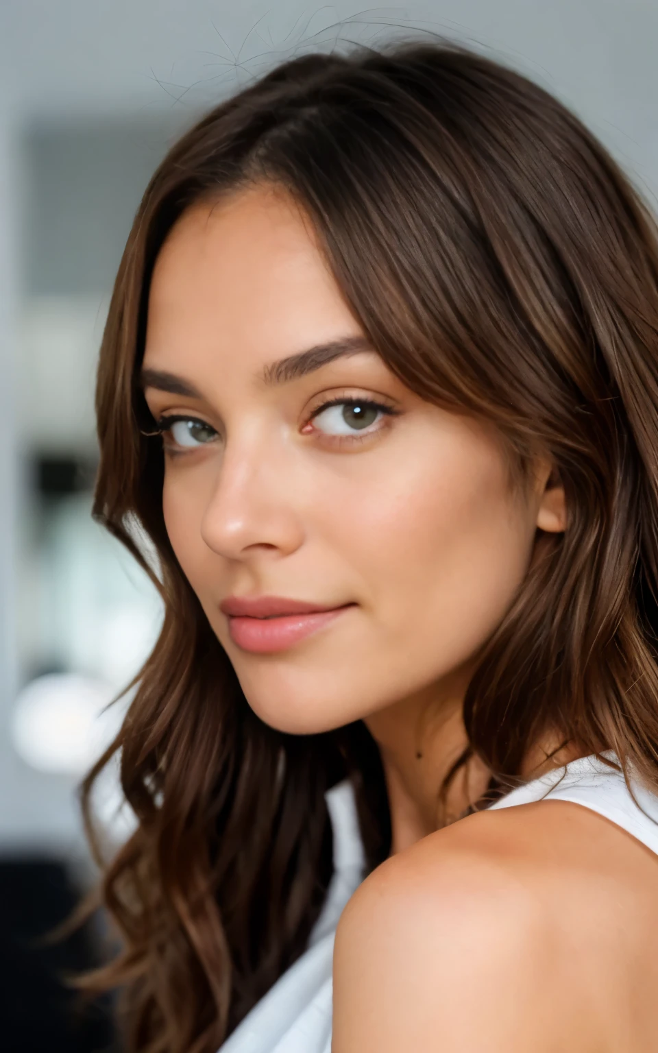 A woman with long brown hair and a white top - SeaArt AI